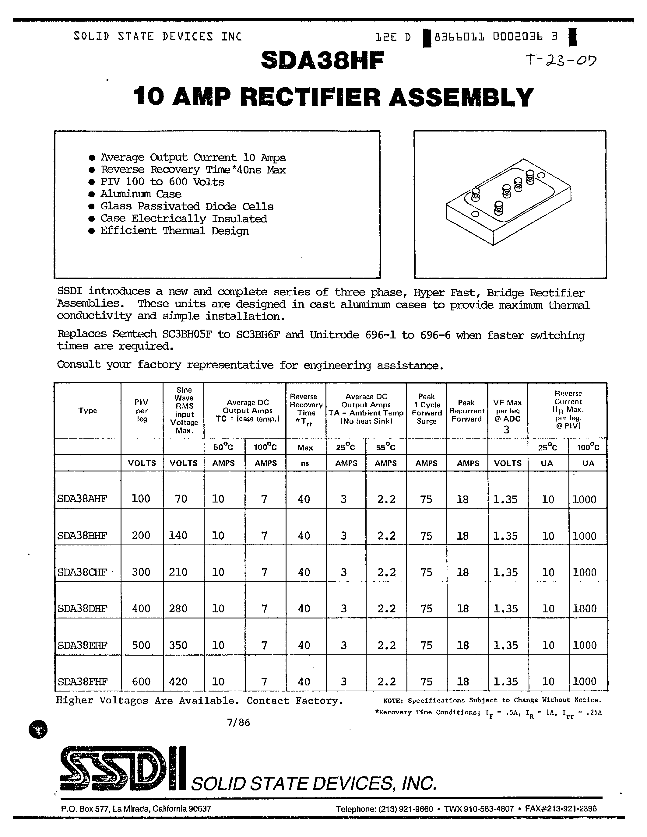 Datasheet SDA38HF page 1 Datasheet SDA38HF - 10 AMP RECTIFIER ASSEMBLY page 1