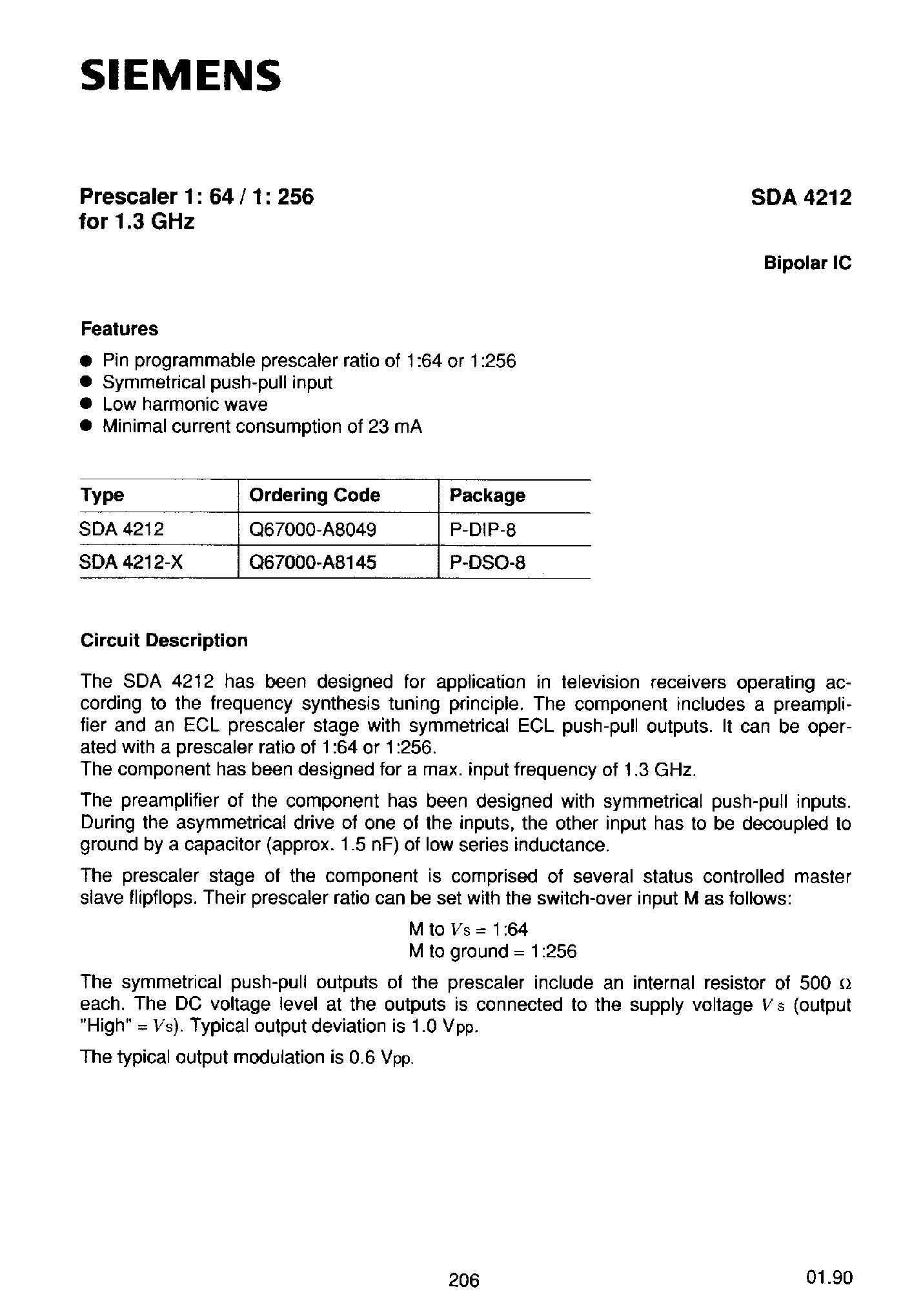 Даташит на микросхему SDA4212 страница 1 Даташит SDA4212 - PRESCALER 1:64 / 1:256 BIPOLAR IC страница 1