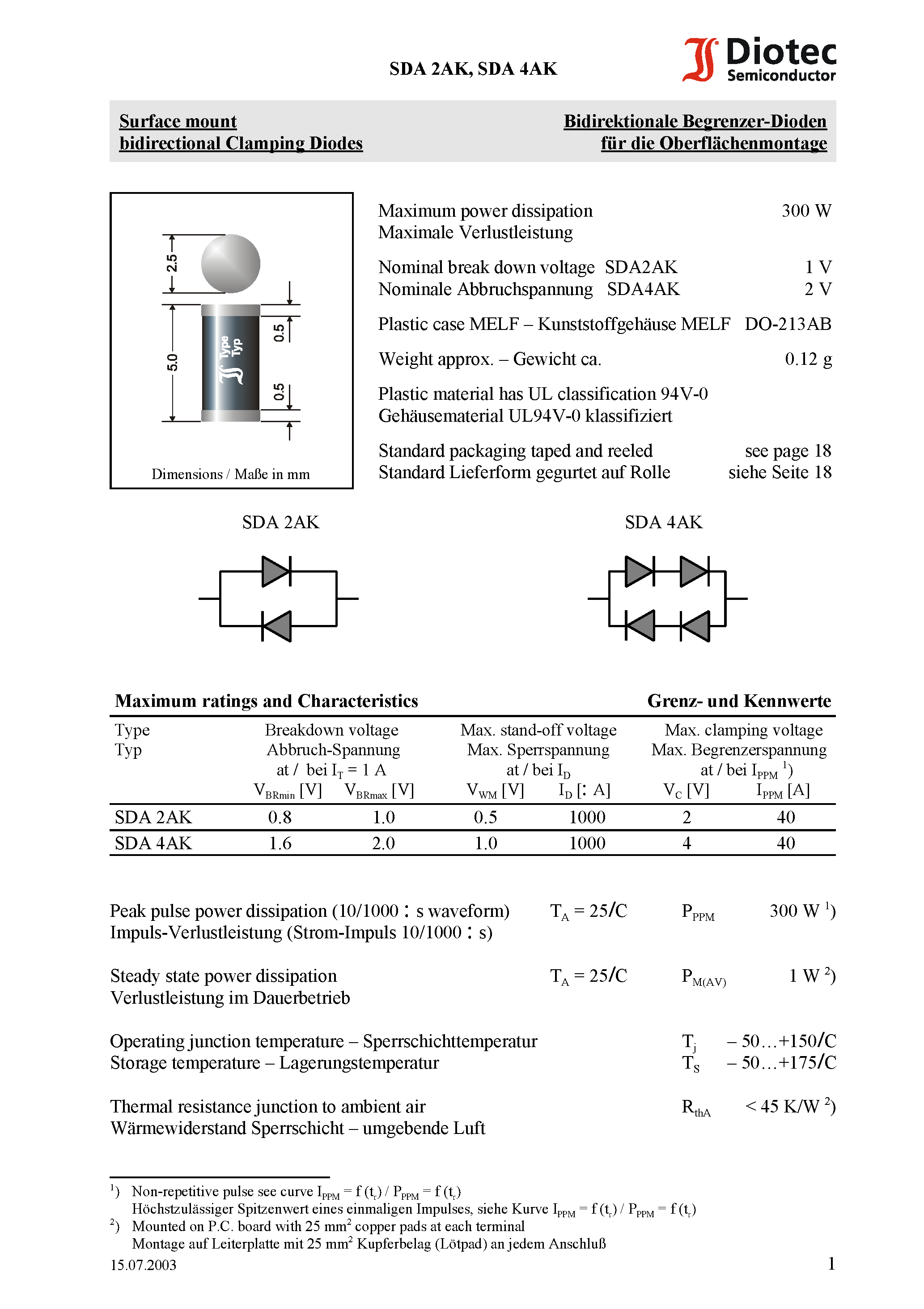 Datasheet SDA4AK - Bidirectional Clamping Diode Bidirektionale Begrenzer-Diode page 1