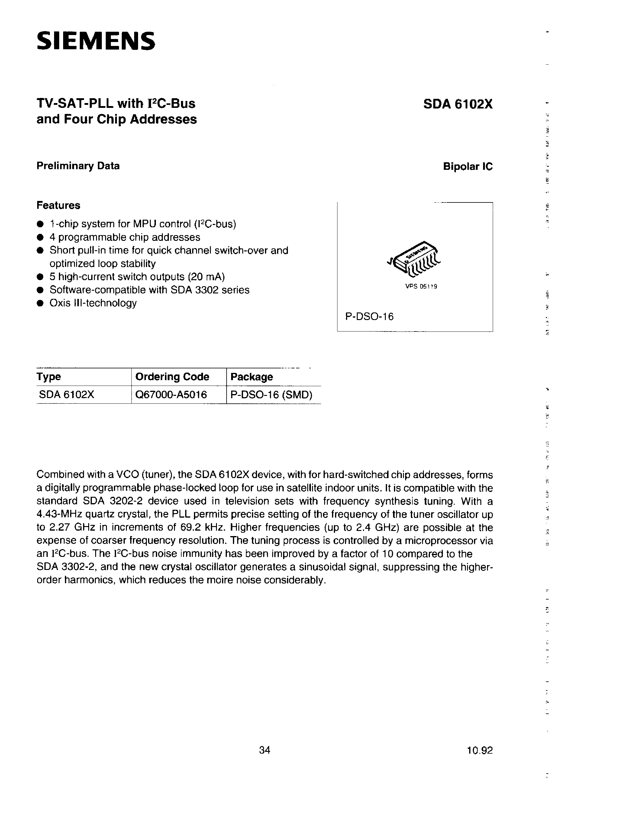 Datasheet SDA6102X - TV SAT PLL WITH I2C BUS AND FOUR CHIP ADDRESSES page 1