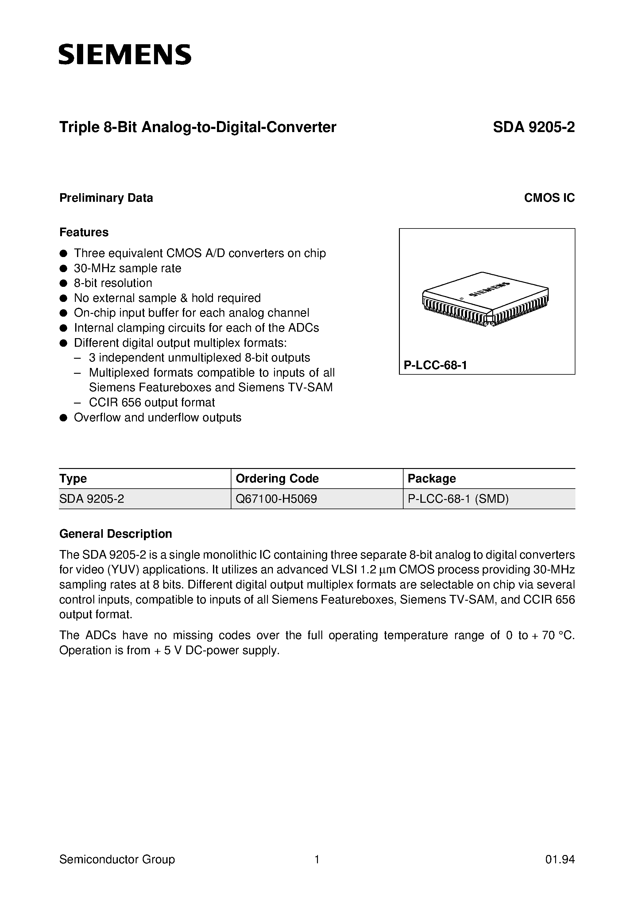 Даташит SDA9205-2 - Triple 8-Bit Analog-to-Digital-Converter страница 1