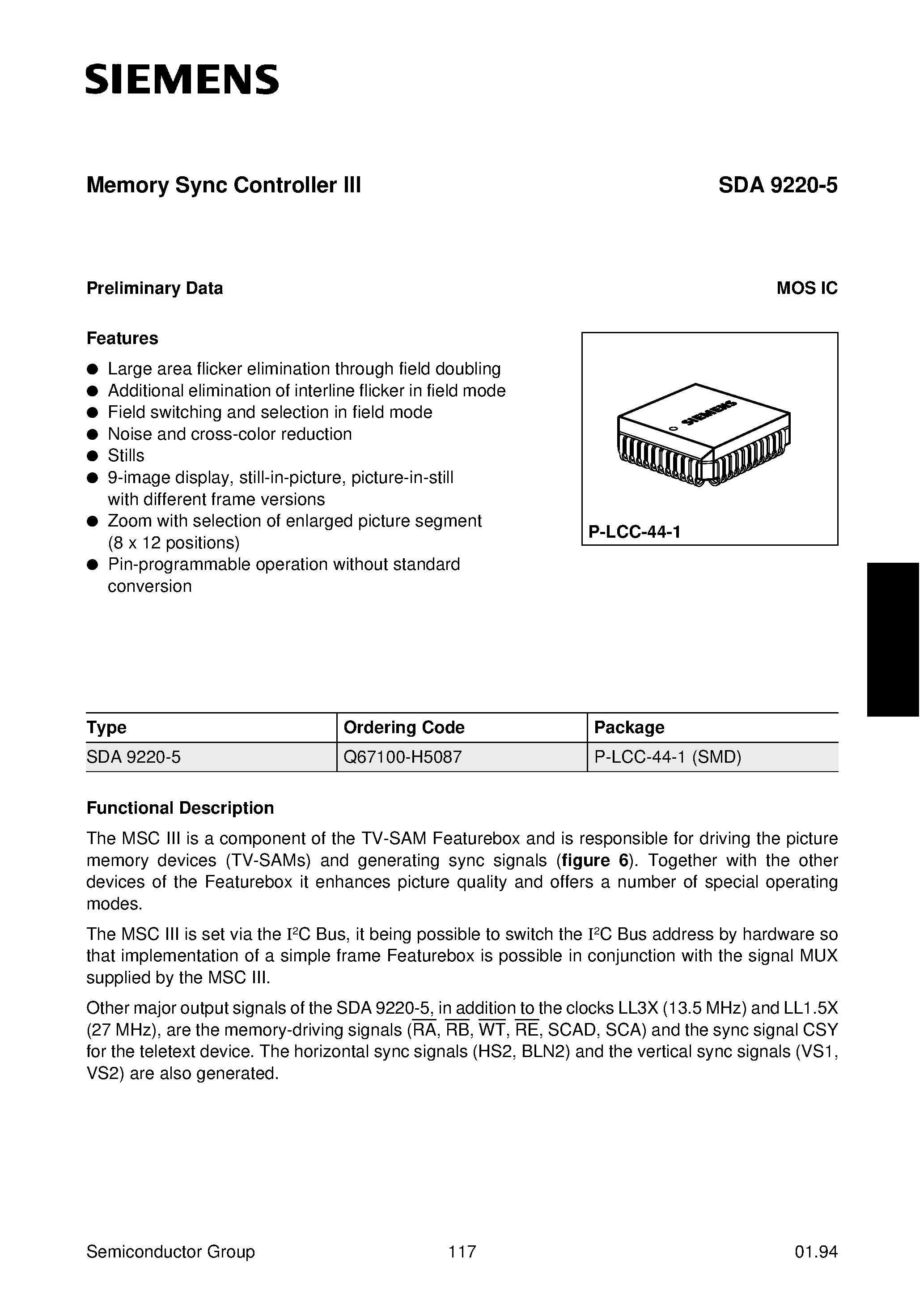 Datasheet SDA9220-5 - Memory Sync Controller III page 1