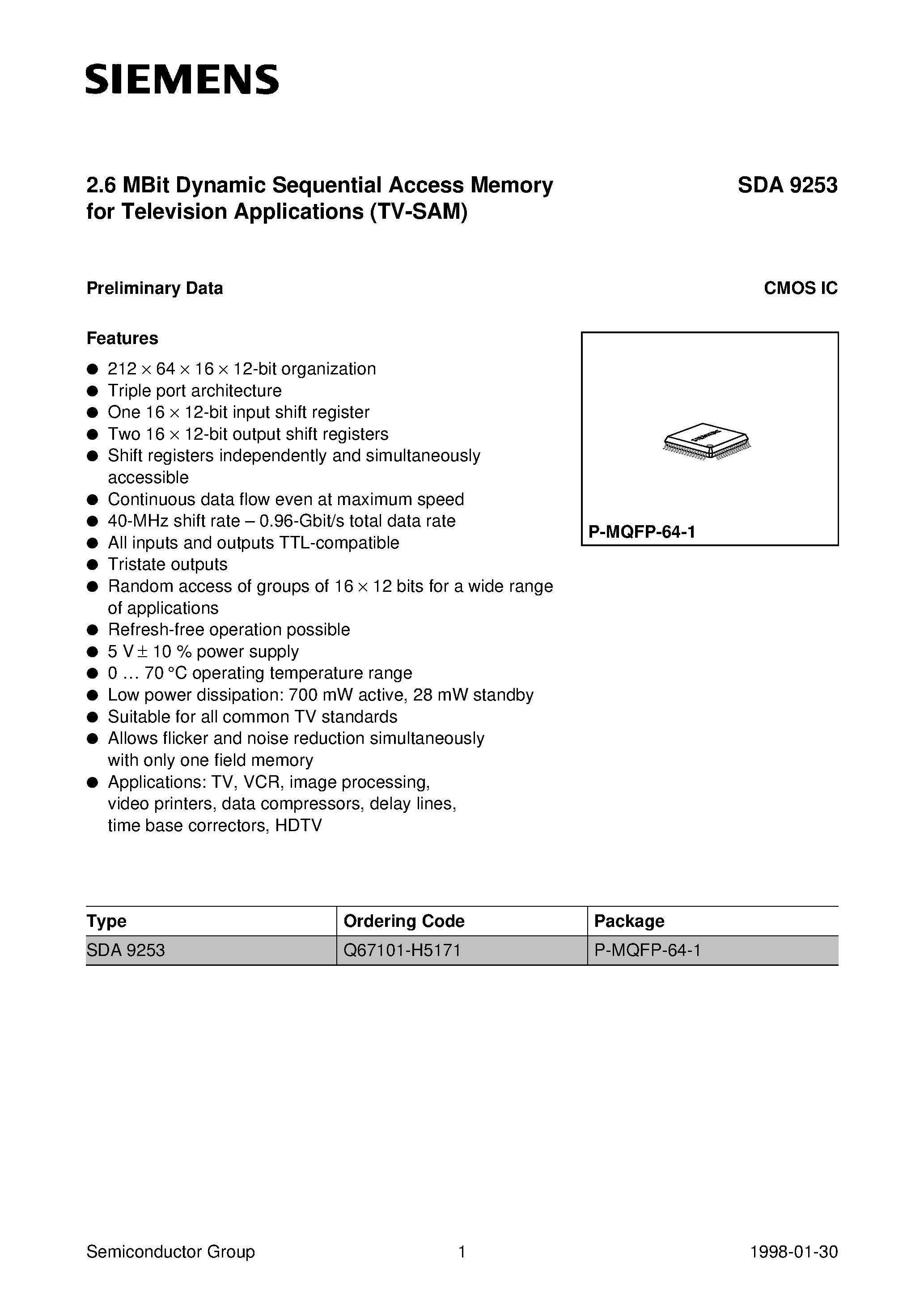 Datasheet SDA9253 - 2.6 MBit Dynamic Sequential Access Memory for Television Applications (TV-SAM) page 1