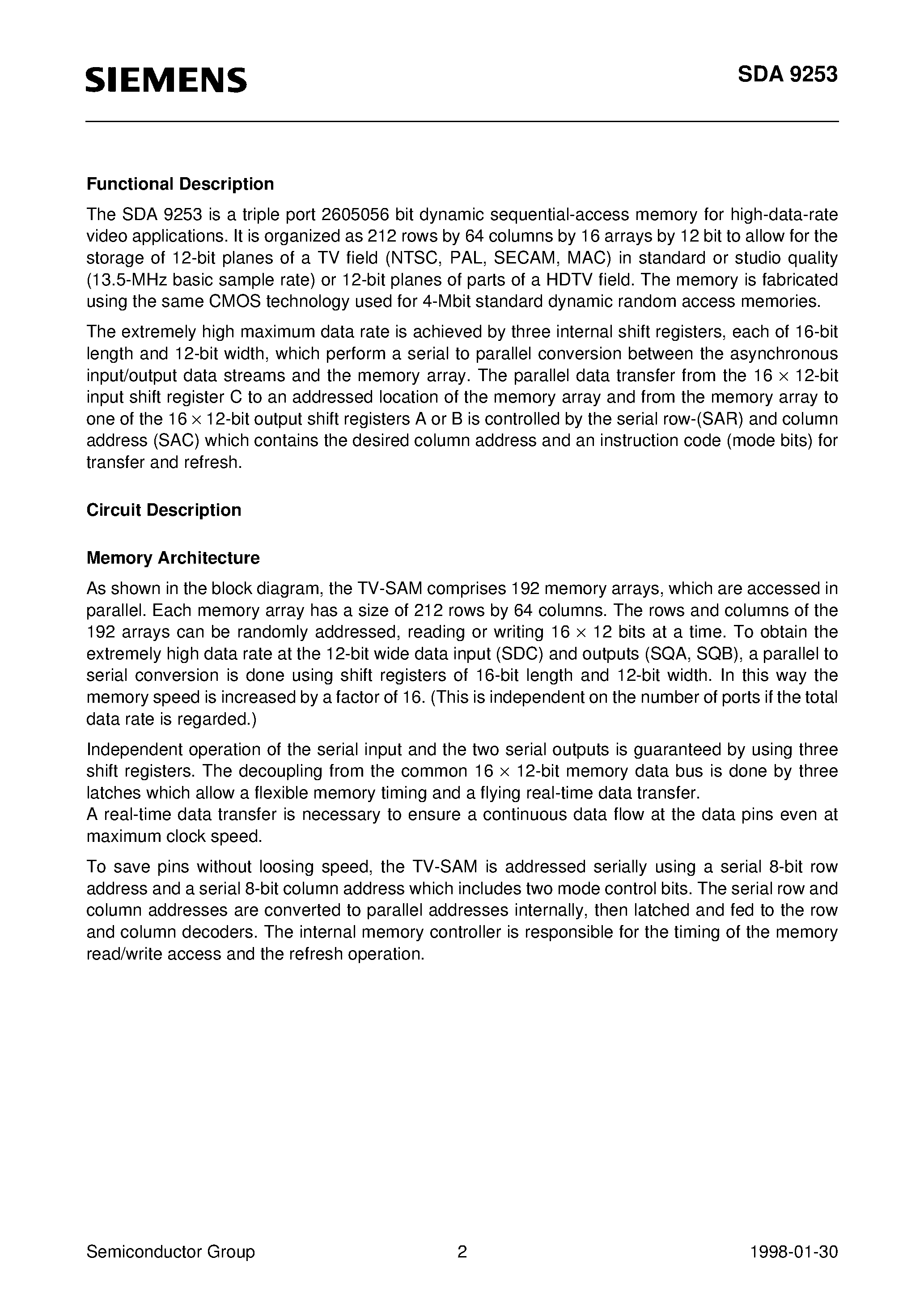Datasheet SDA9253 - 2.6 MBit Dynamic Sequential Access Memory for Television Applications (TV-SAM) page 2