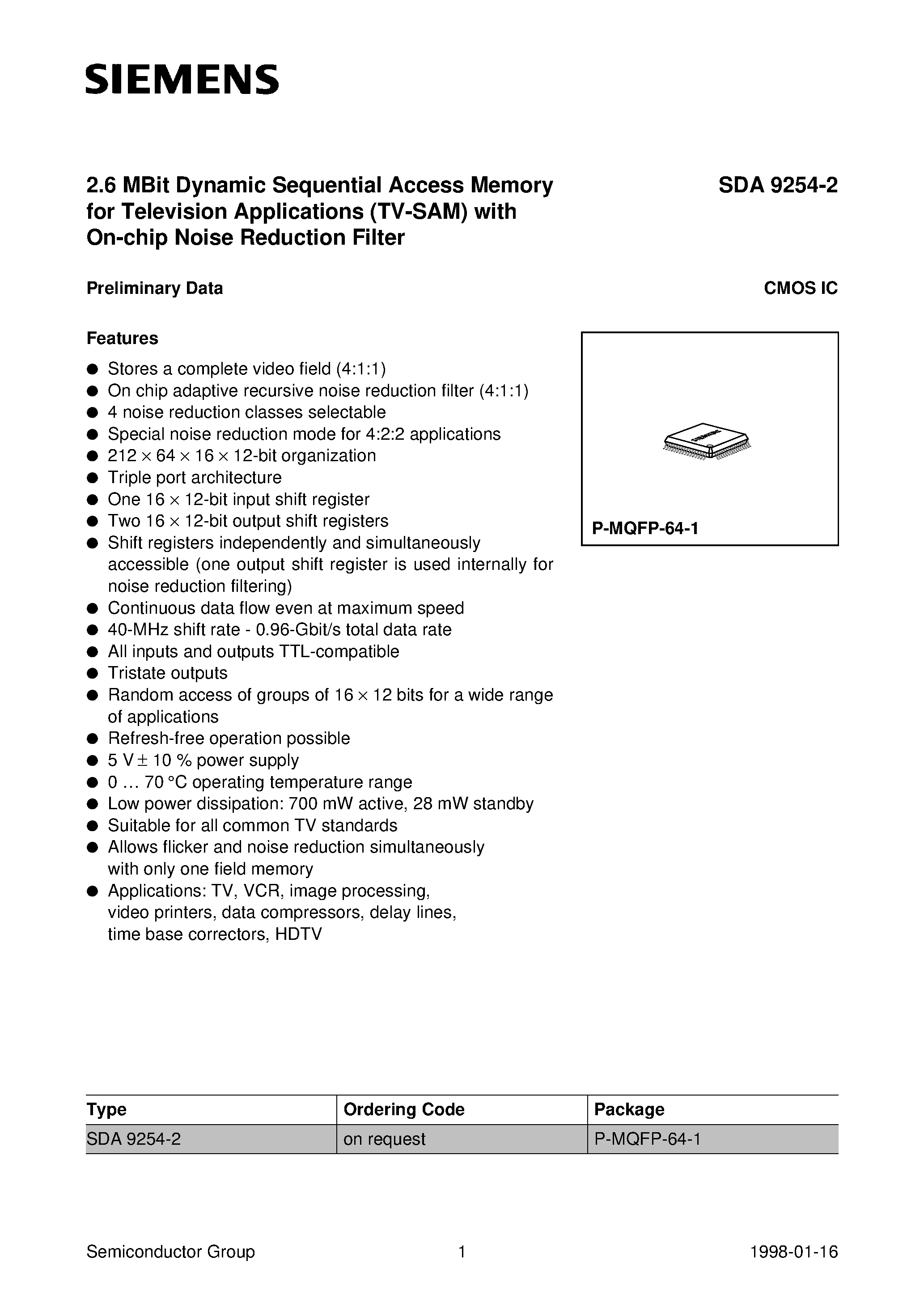 Datasheet SDA9254-2 - 2.6 MBit Dynamic Sequential Access Memory for Television Applications (TV-SAM) with On-chip Noise Reduction Filter page 1