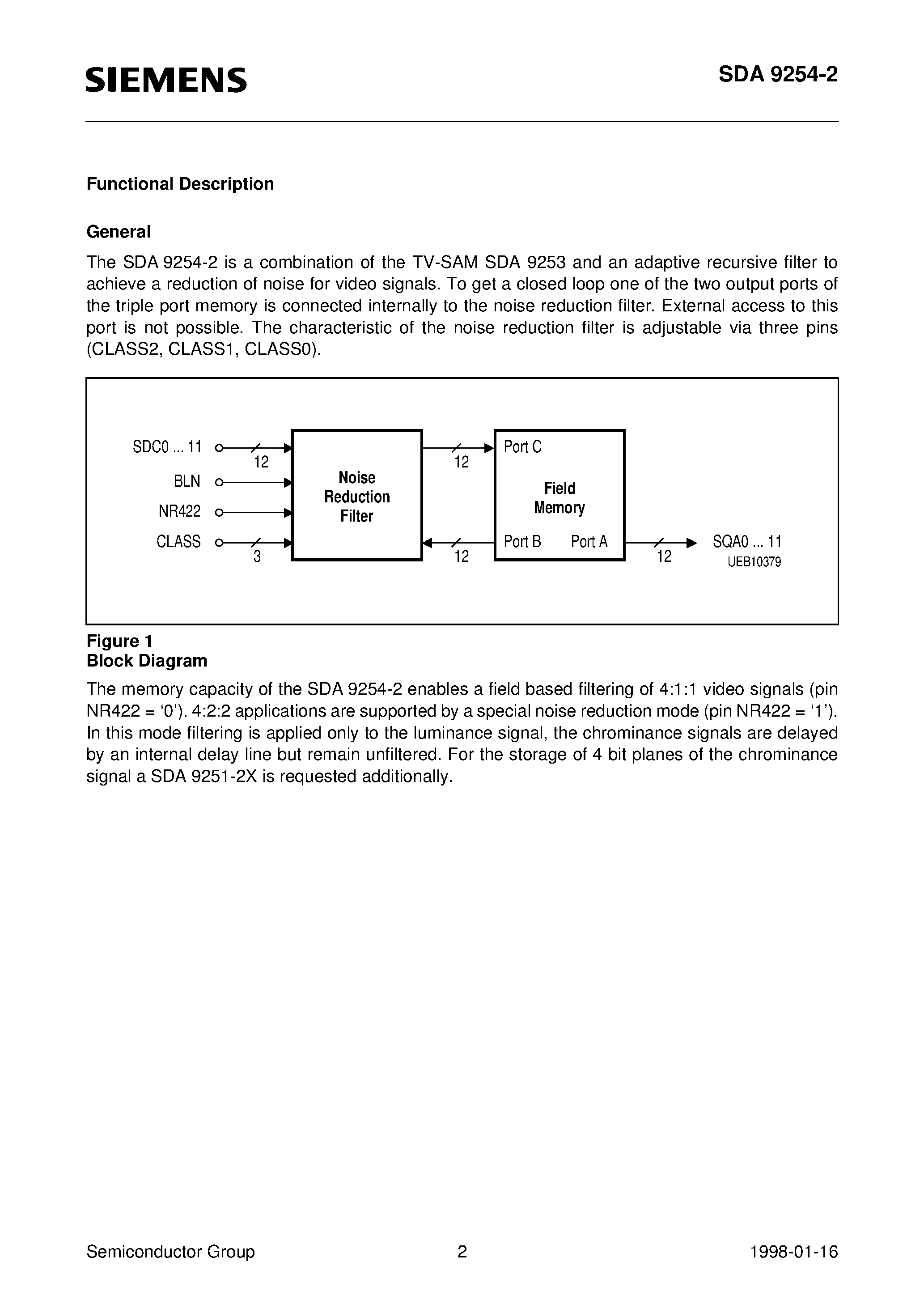 Datasheet SDA9254-2 - 2.6 MBit Dynamic Sequential Access Memory for Television Applications (TV-SAM) with On-chip Noise Reduction Filter page 2