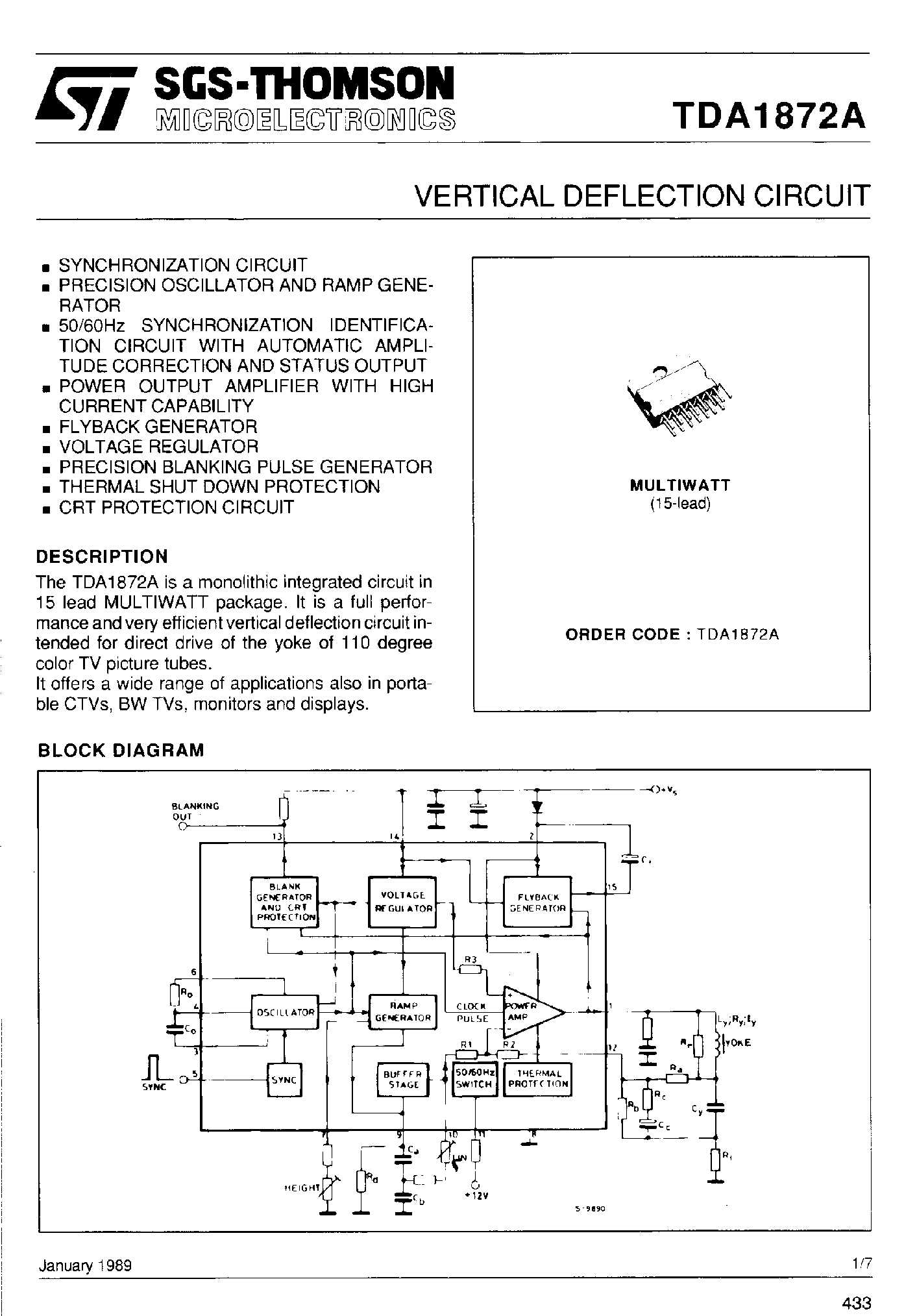 Даташит на микросхему TDA1872A страница 1 Даташит TDA1872A - Vertical Deflection Circuit страница 1