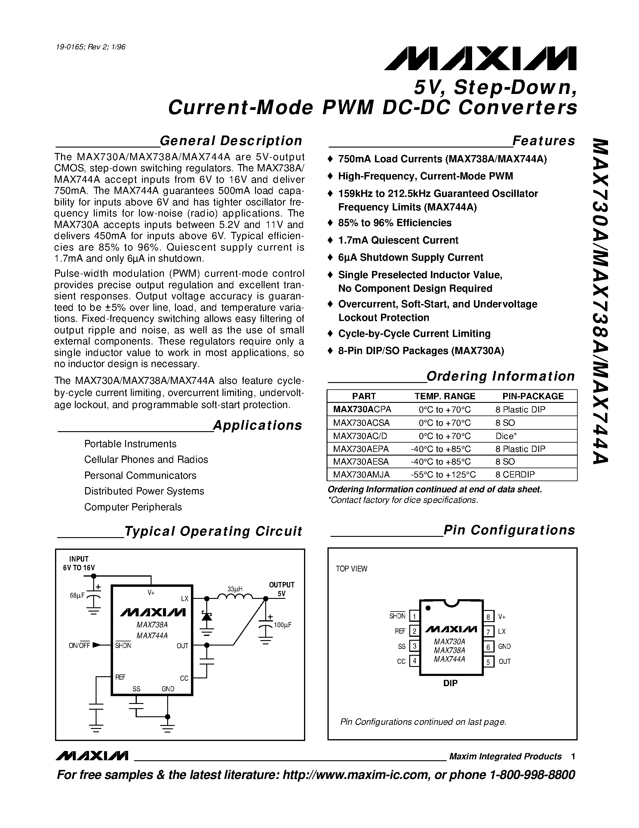Datasheet MAX738AEPA - 5V / Step-Down / Current-Mode PWM DC-DC Converters page 1
