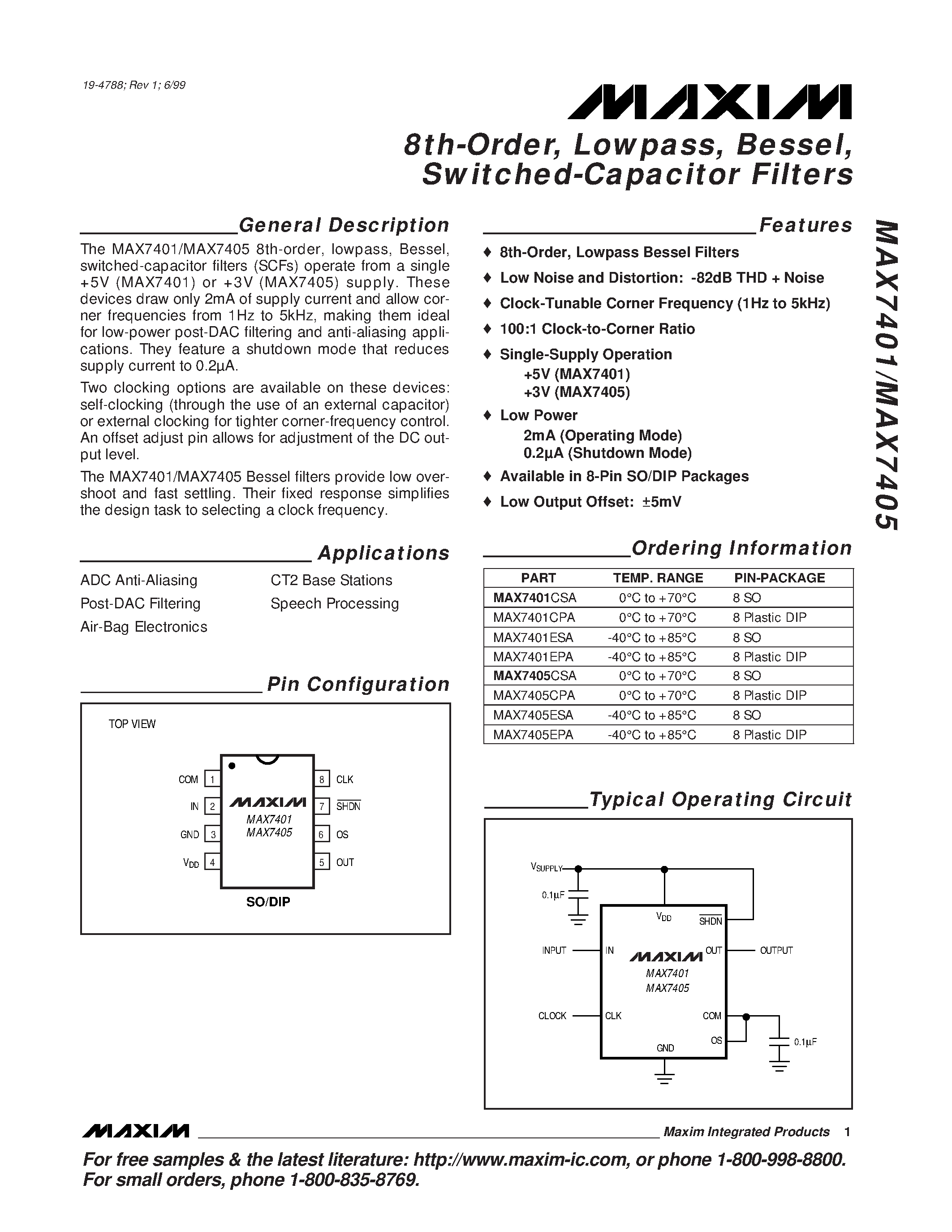 Datasheet MAX7401 page 1 Datasheet MAX7401 - 8th-Order / Lowpass / Bessel / Switched-Capacitor Filters page 1