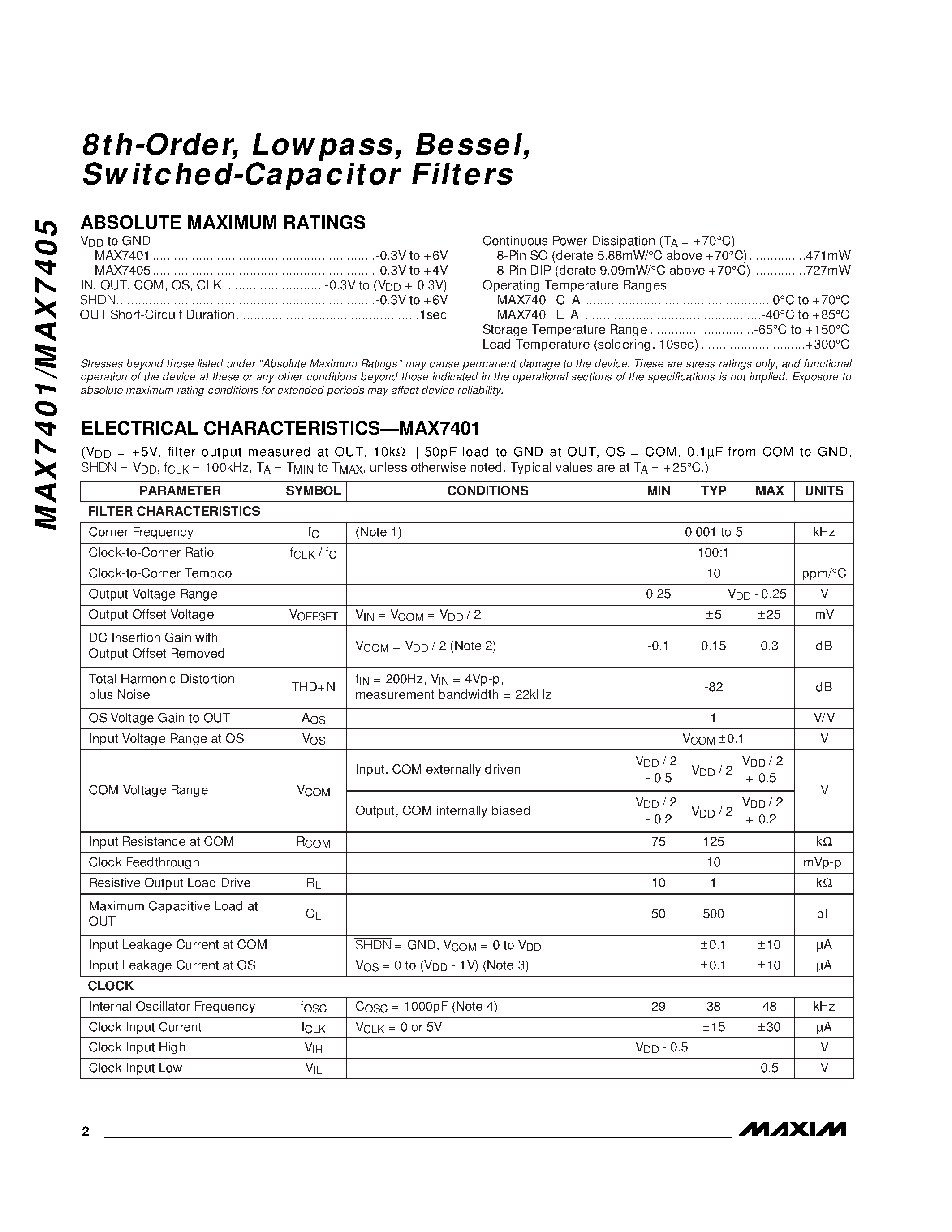 Datasheet MAX7405 page 2 Datasheet MAX7405 - 8th-Order / Lowpass / Bessel / Switched-Capacitor Filters page 2