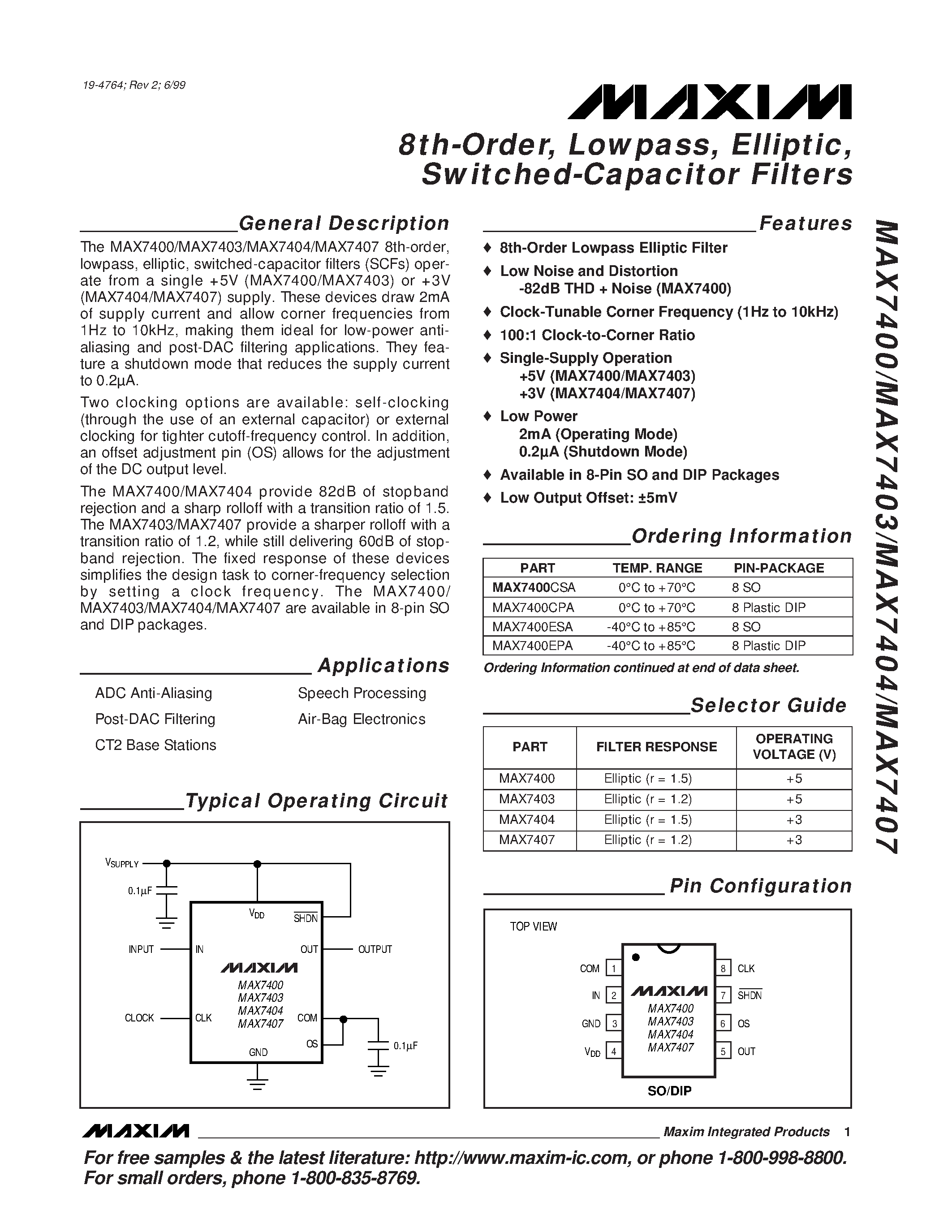 Datasheet MAX7407 - 8th-Order / Lowpass / Elliptic / Switched-Capacitor Filters page 1