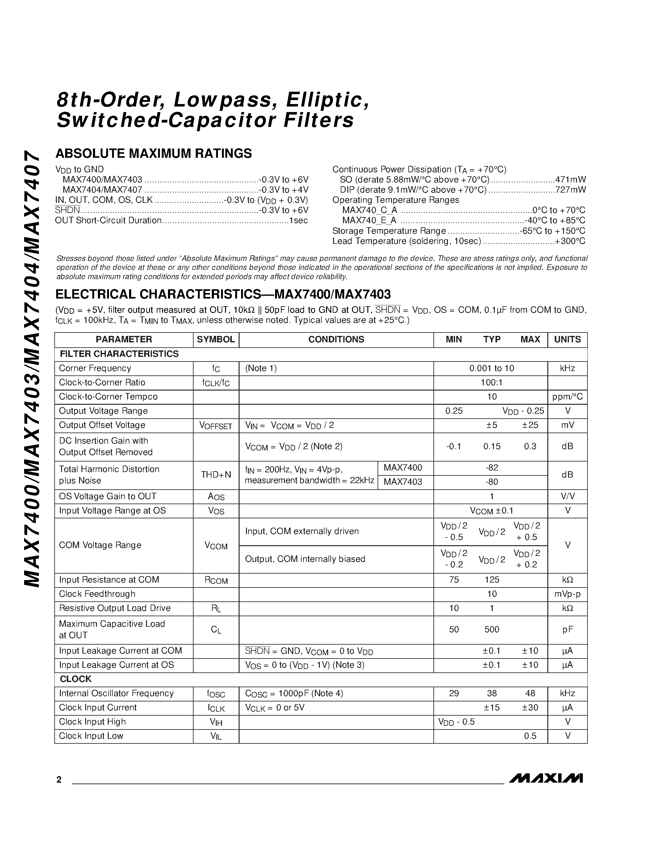 Datasheet MAX7407 - 8th-Order / Lowpass / Elliptic / Switched-Capacitor Filters page 2