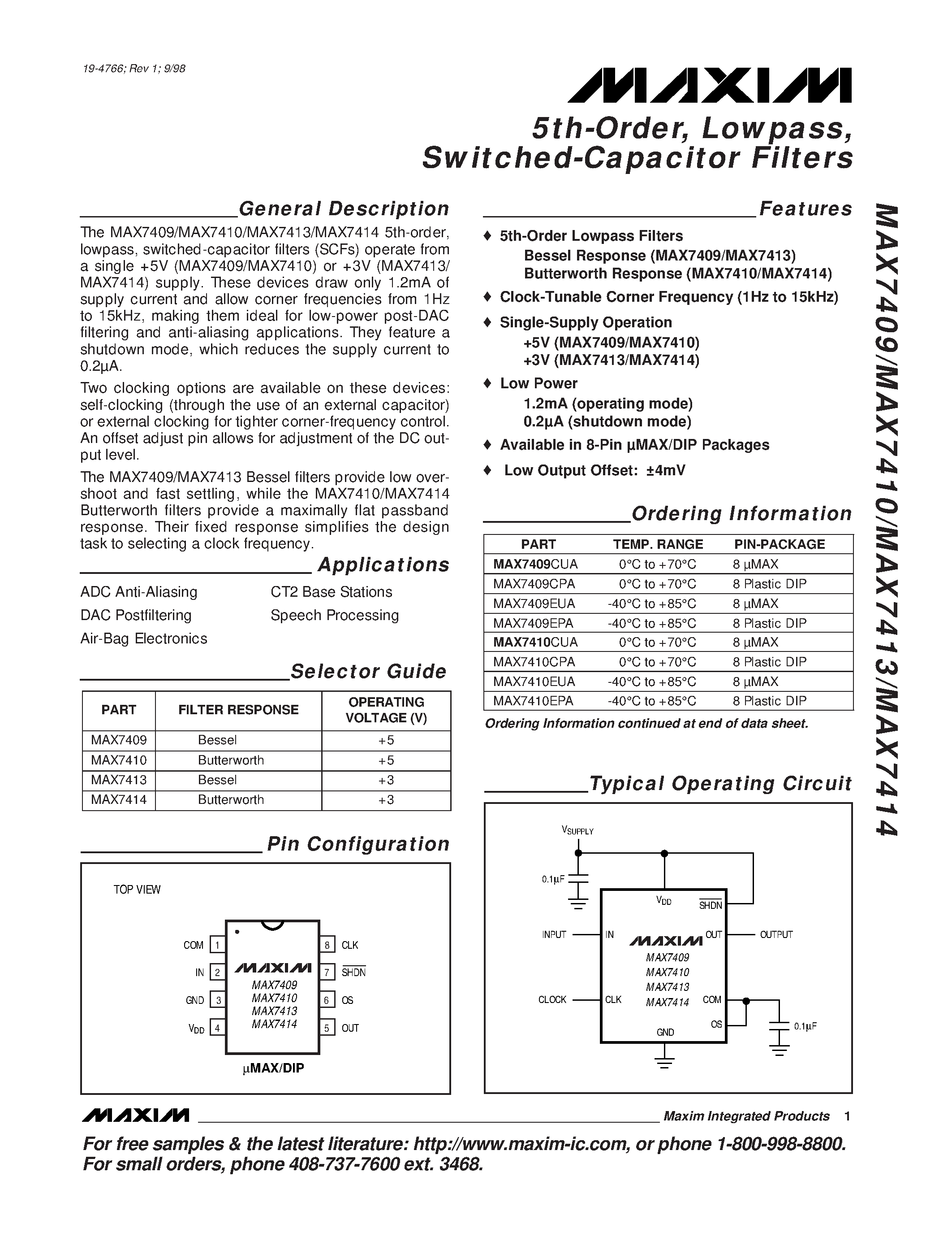 Datasheet MAX7409 - 5th-Order / Lowpass / Switched-Capacitor Filters page 1