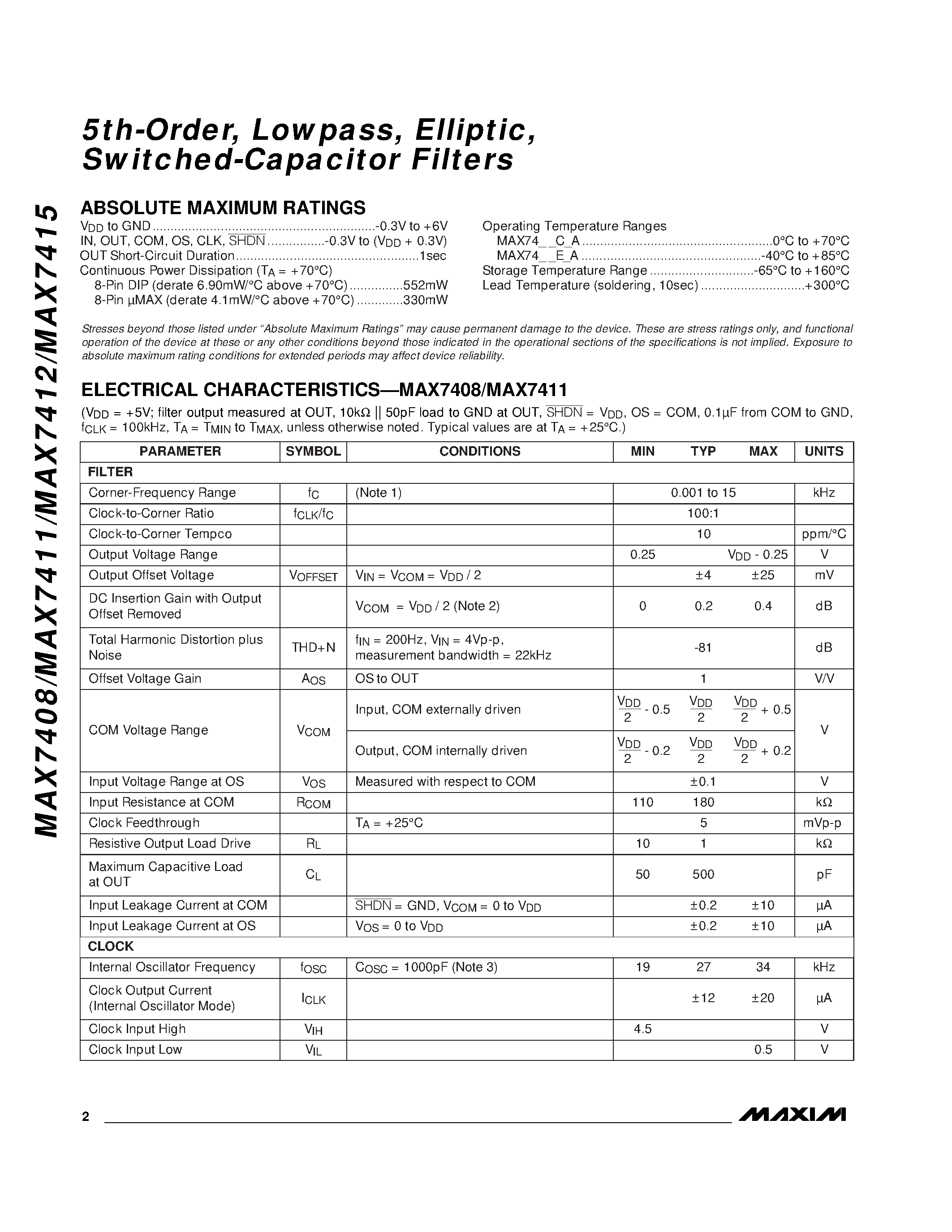 Datasheet MAX7412CPA - 5th-Order / Lowpass / Elliptic / Switched-Capacitor Filters page 2