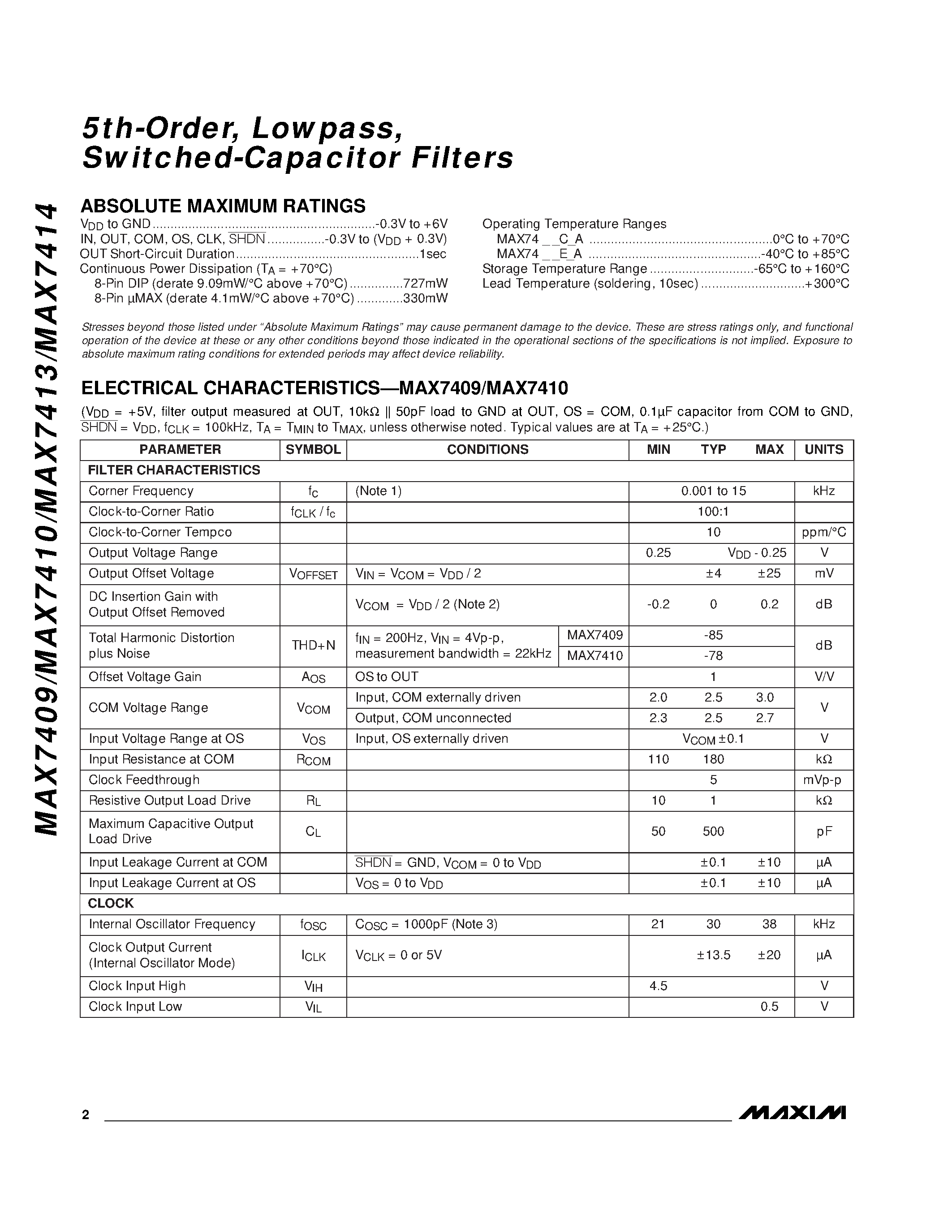 Datasheet MAX7413 - 5th-Order / Lowpass / Switched-Capacitor Filters page 2