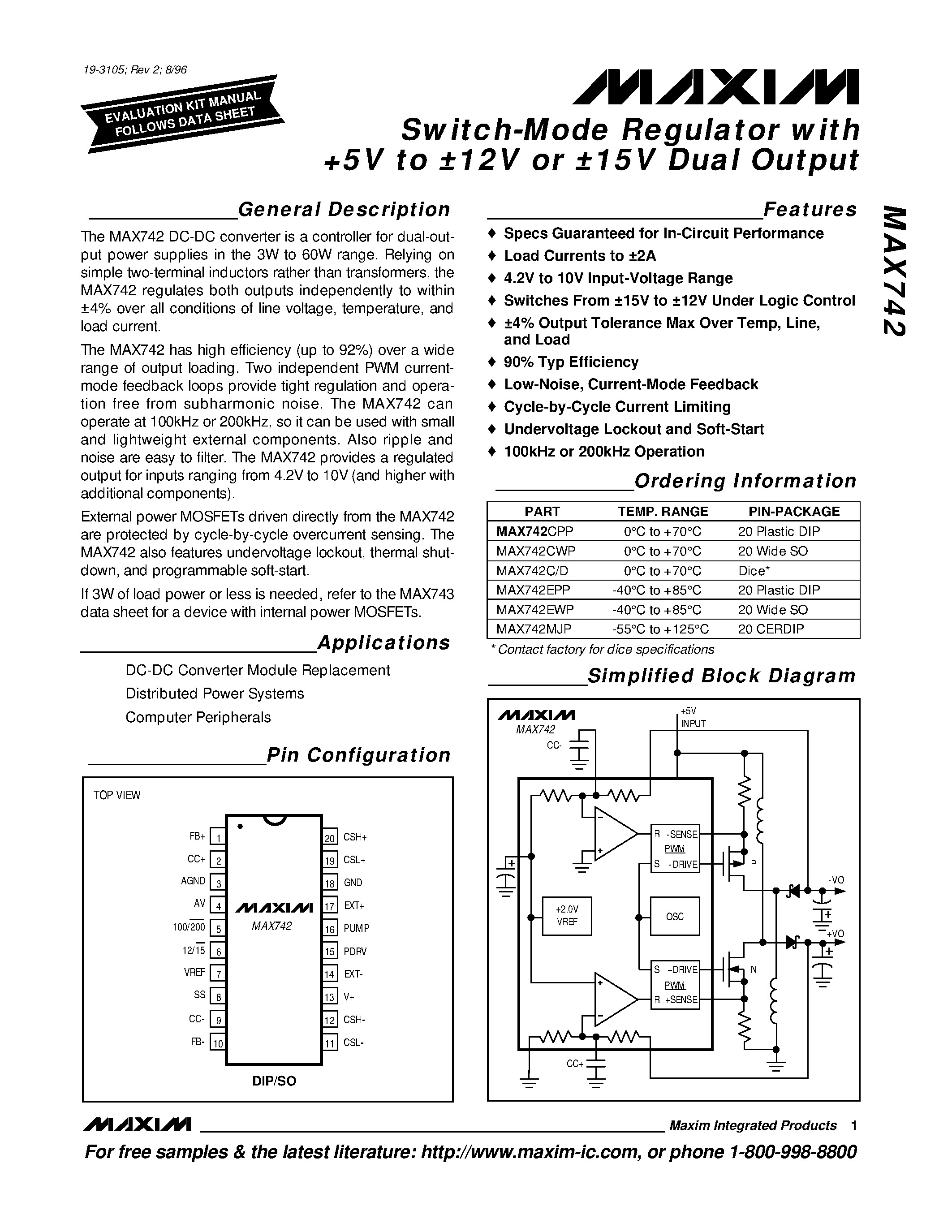 Datasheet MAX742 - Switch-Mode Regulator with +5V to 12V or 15V Dual Output page 1