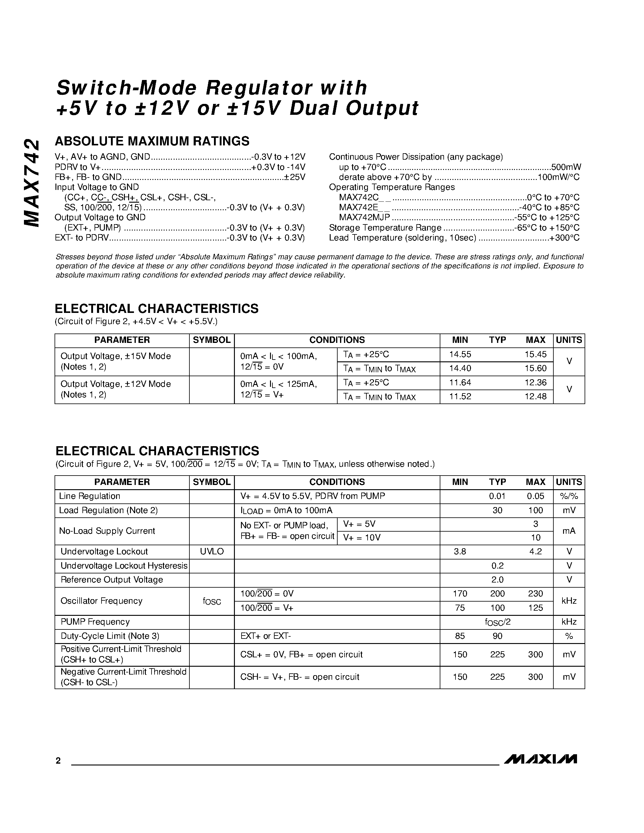 Datasheet MAX742 - Switch-Mode Regulator with +5V to 12V or 15V Dual Output page 2