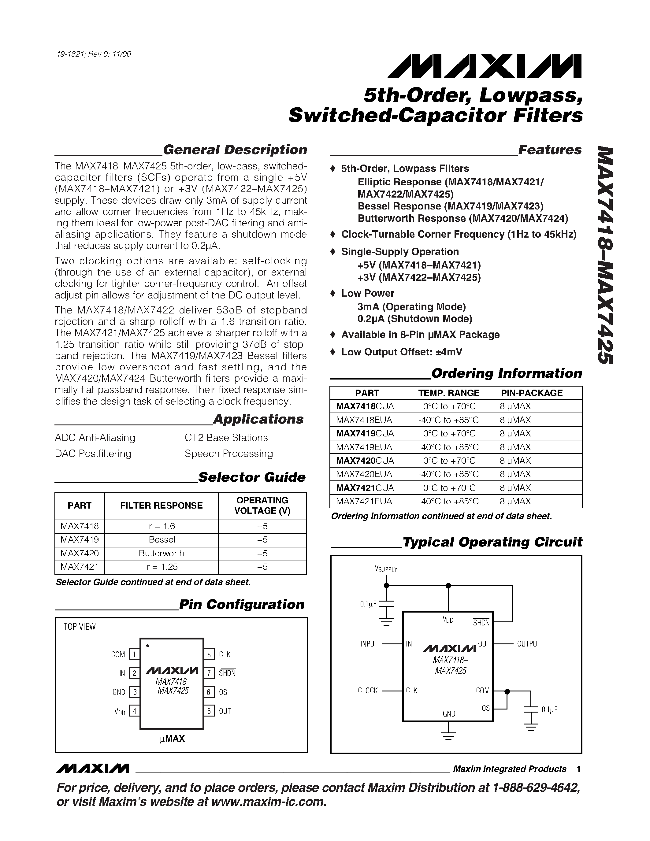 Datasheet MAX7425 - 5th-Order / Lowpass / Switched-Capacitor Filters page 1