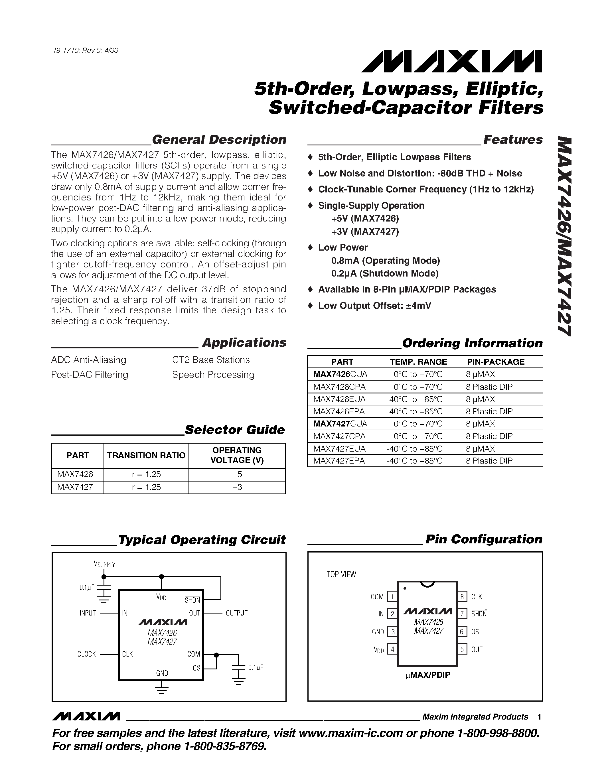 Datasheet MAX7426 - 5th-Order / Lowpass / Elliptic / Switched-Capacitor Filters page 1