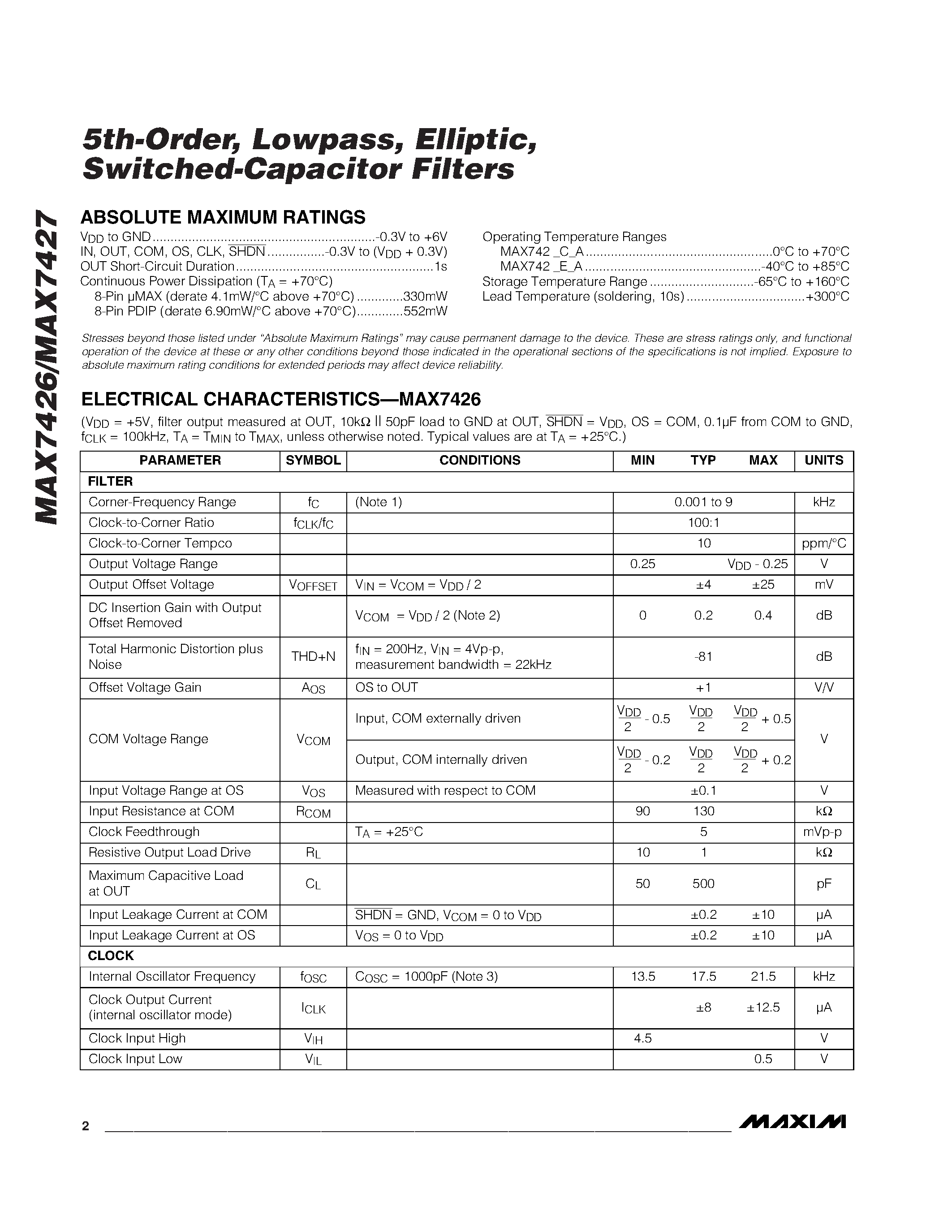 Datasheet MAX7427 - 5th-Order / Lowpass / Elliptic / Switched-Capacitor Filters page 2