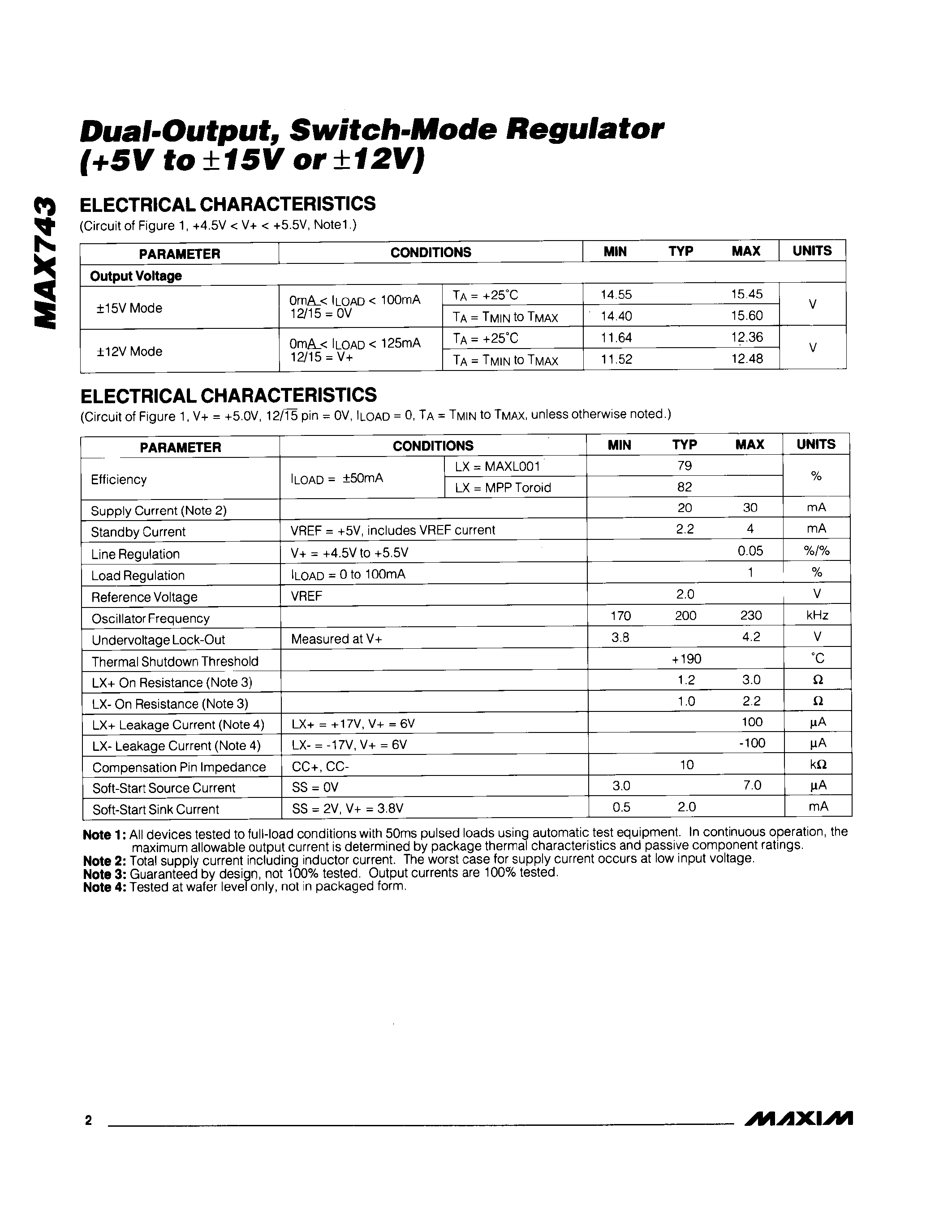 Datasheet MAX743 page 2 Datasheet MAX743 - Dual-Output / Switch-Mode Regulator(+5V to +-15V or +-12V) page 2