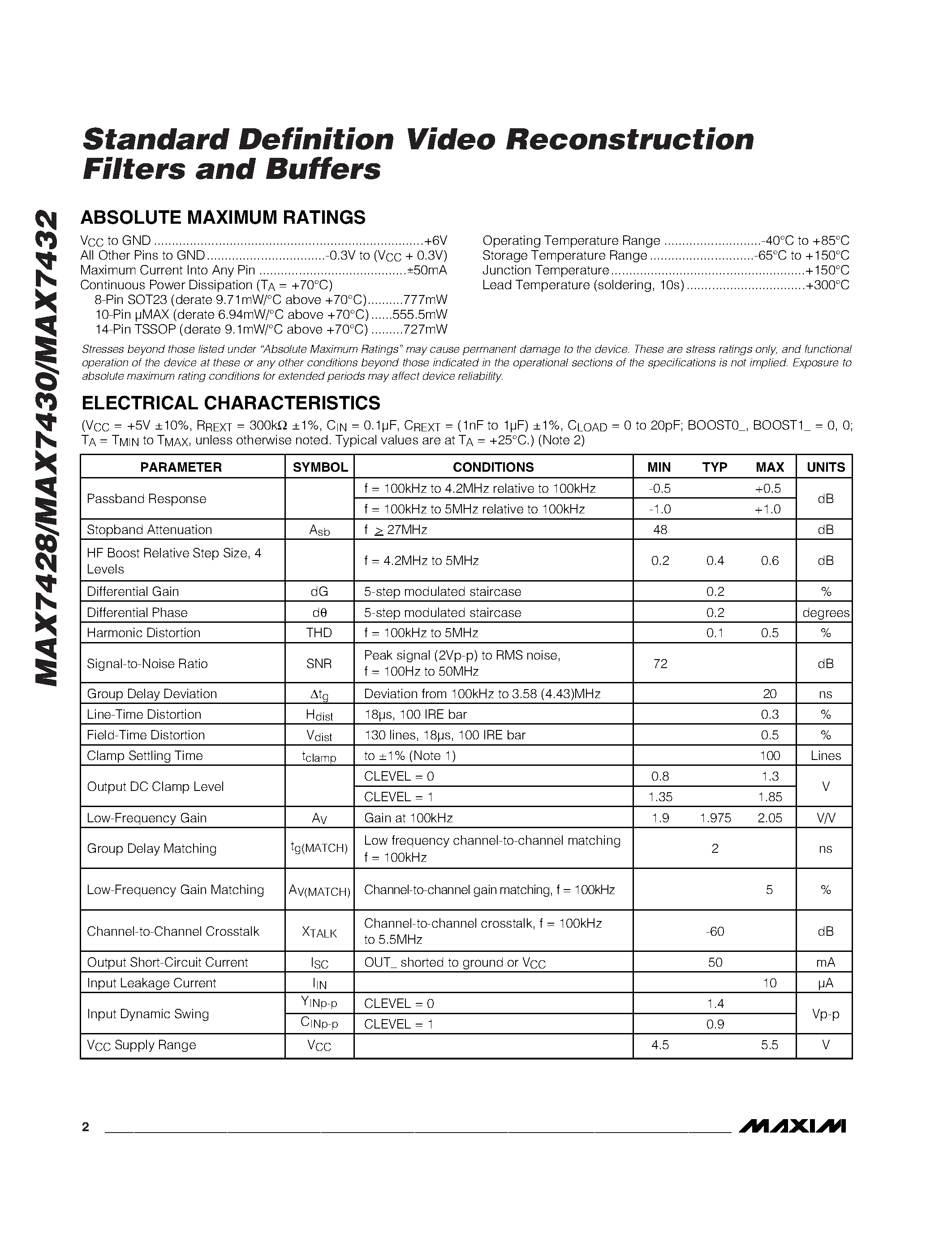 Даташит MAX7430 - Standard Definition Video Reconstruction Filters and Buffers страница 2