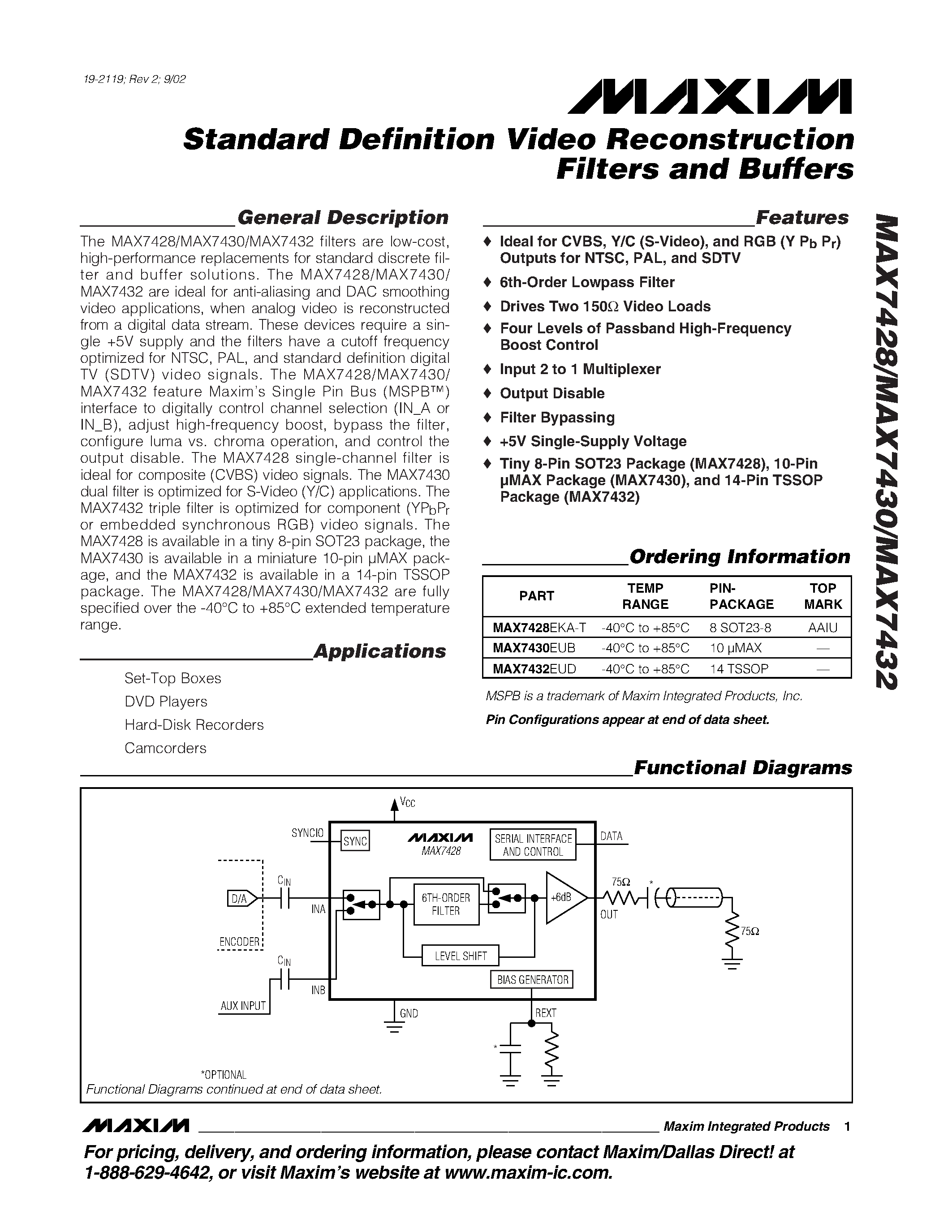 Даташит MAX7432 - Standard Definition Video Reconstruction Filters and Buffers страница 1