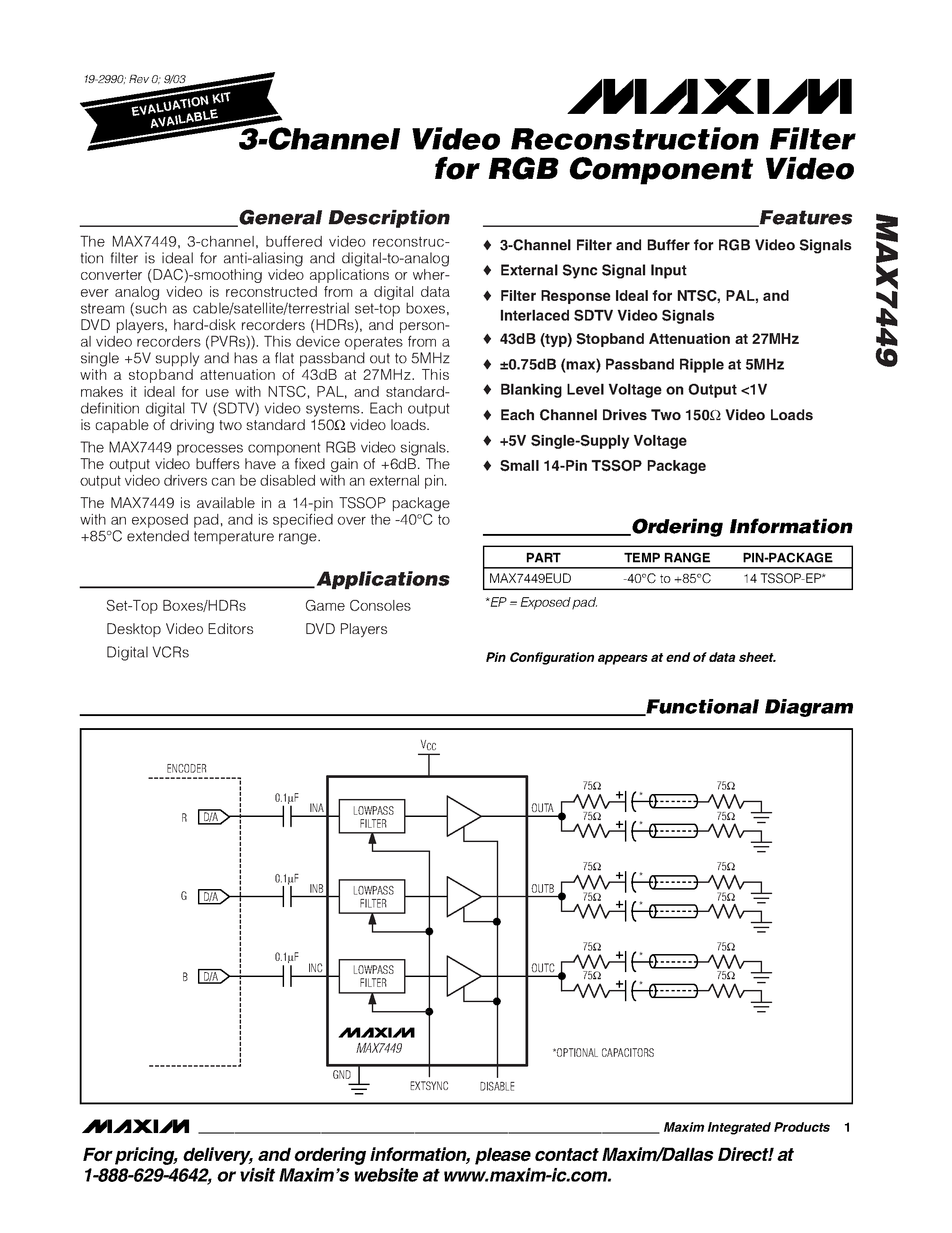 Datasheet MAX7449 - 3-Channel Video Reconstruction Filter for RGB Component Video page 1
