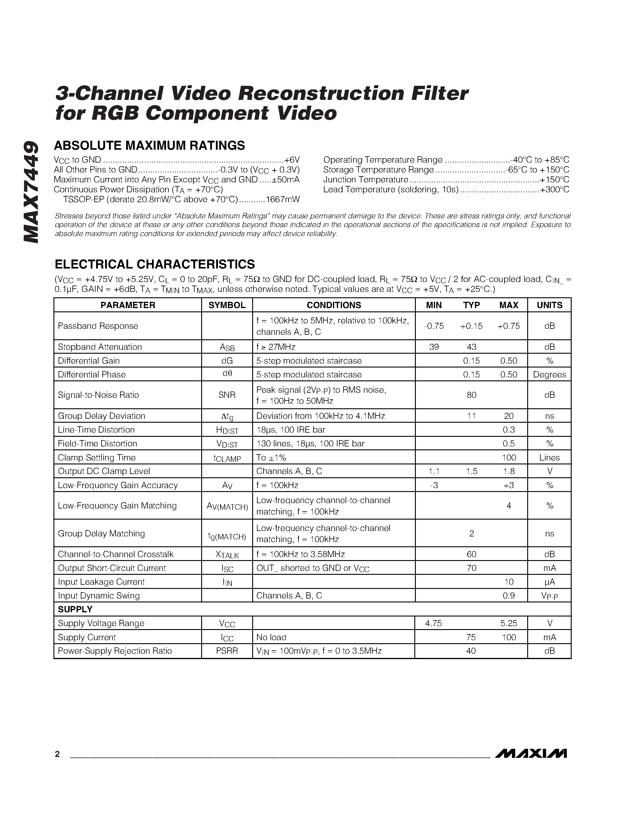 Datasheet MAX7449 - 3-Channel Video Reconstruction Filter for RGB Component Video page 2