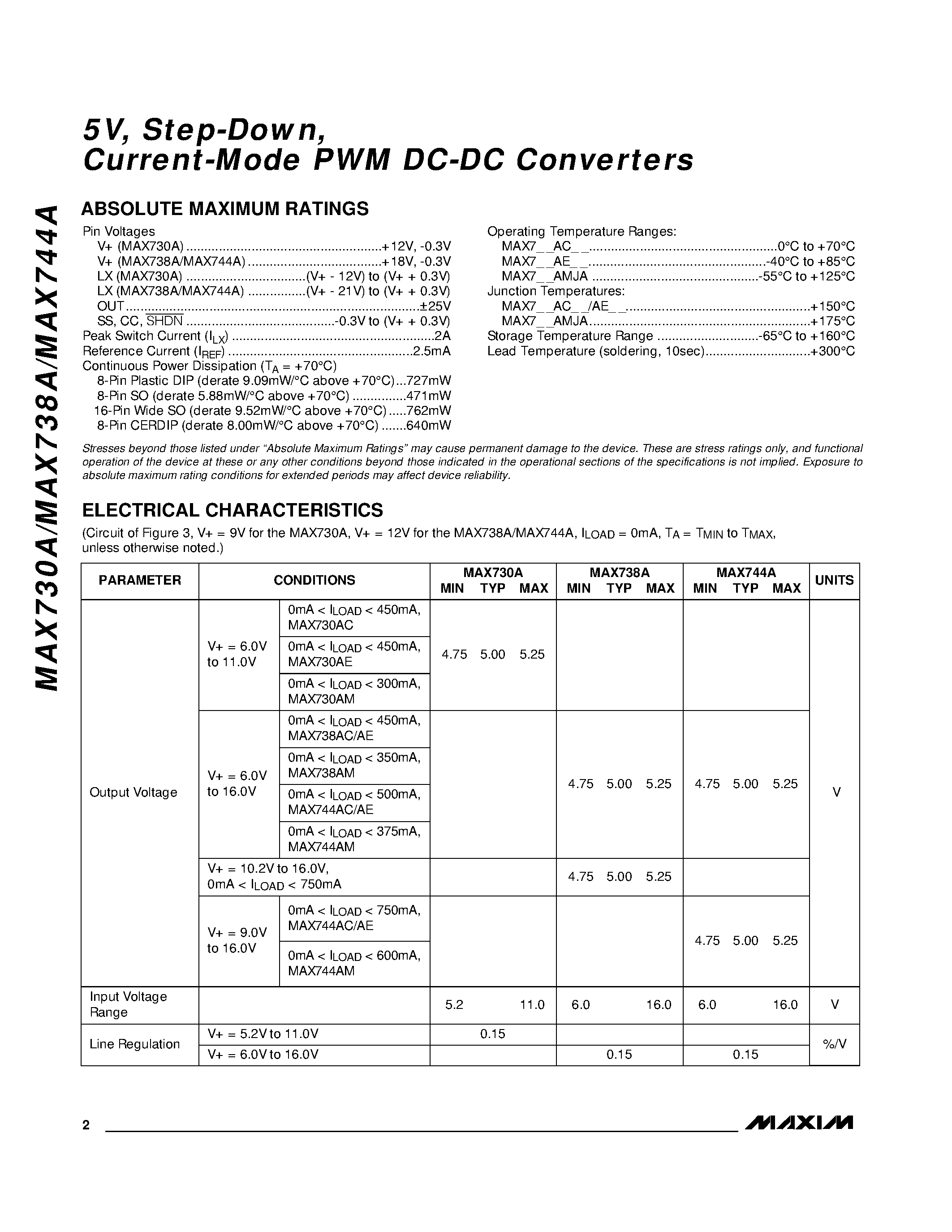 Datasheet MAX744A - 5V / Step-Down / Current-Mode PWM DC-DC Converters page 2