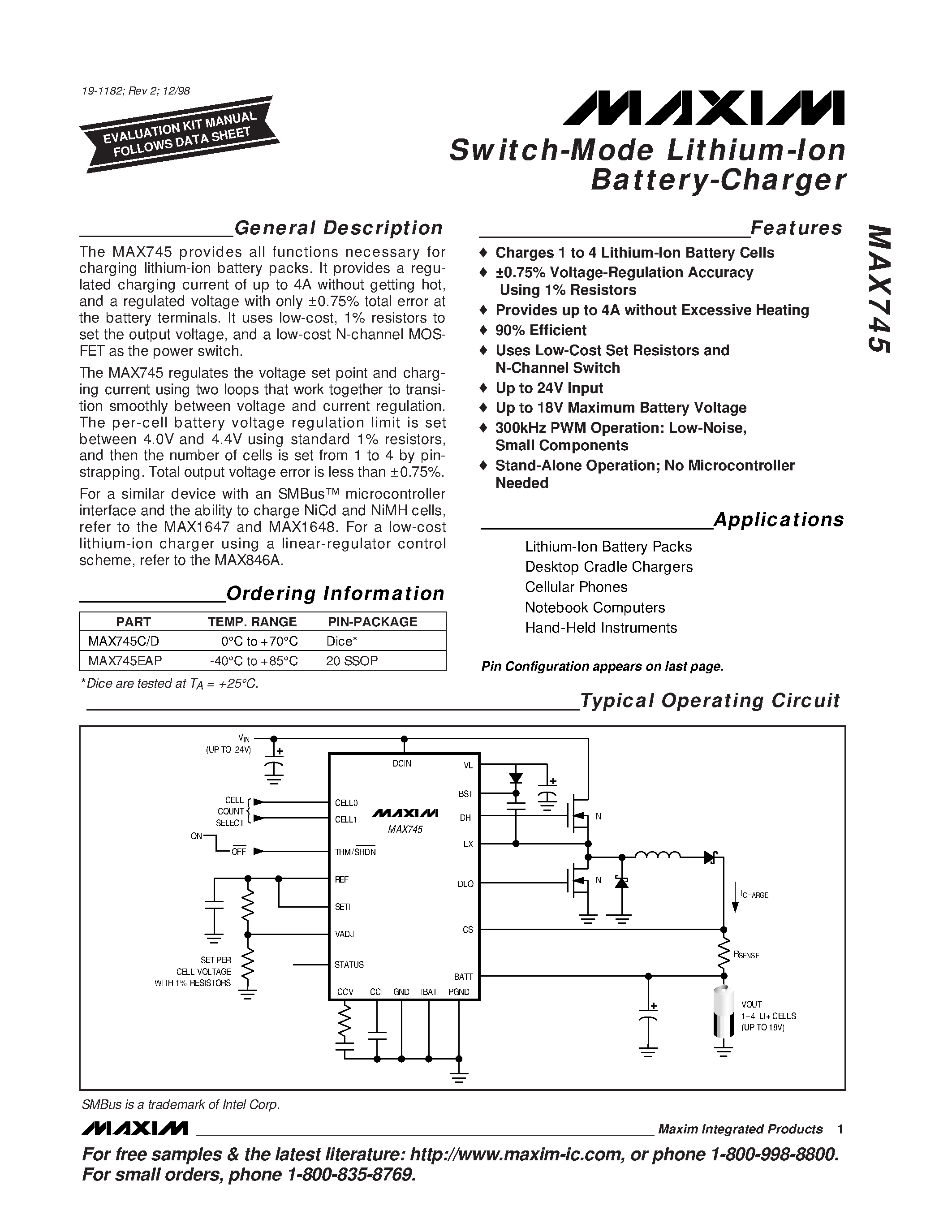 Datasheet MAX745 - Switch-Mode Lithium-Ion Battery-Charger page 1