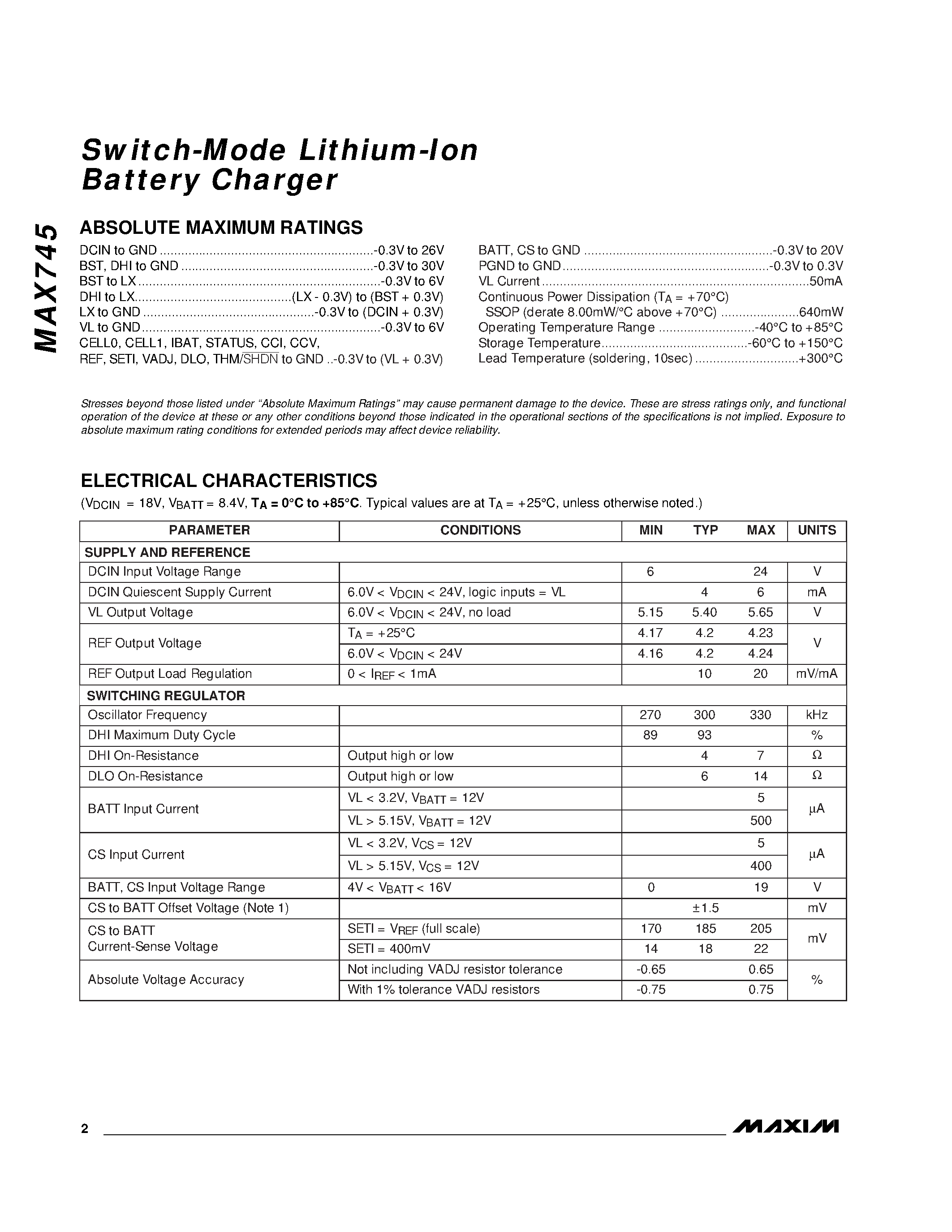 Datasheet MAX745 - Switch-Mode Lithium-Ion Battery-Charger page 2