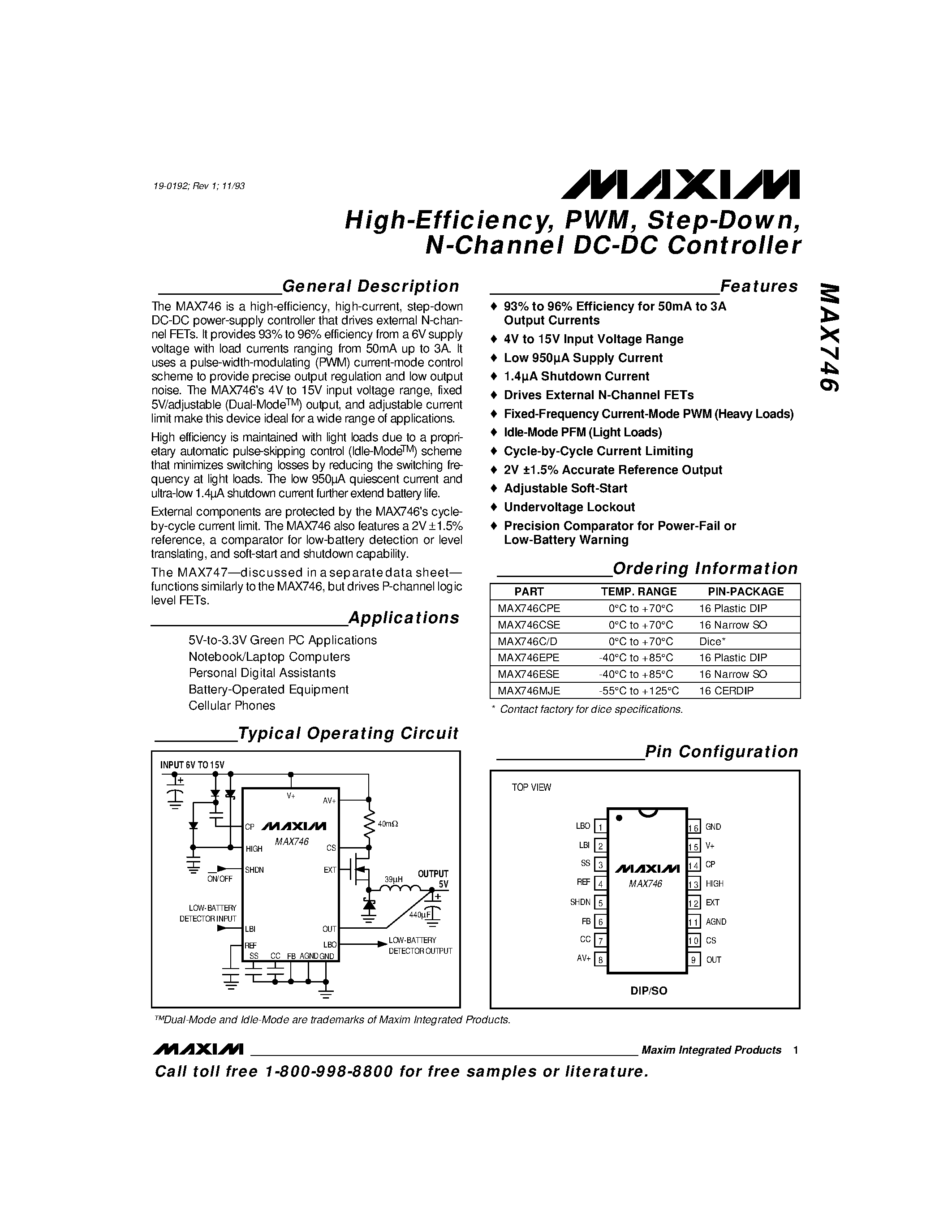 Datasheet MAX746 - High-Efficiency / PWM / Step-Down / N-Channel DC-DC Controller page 1