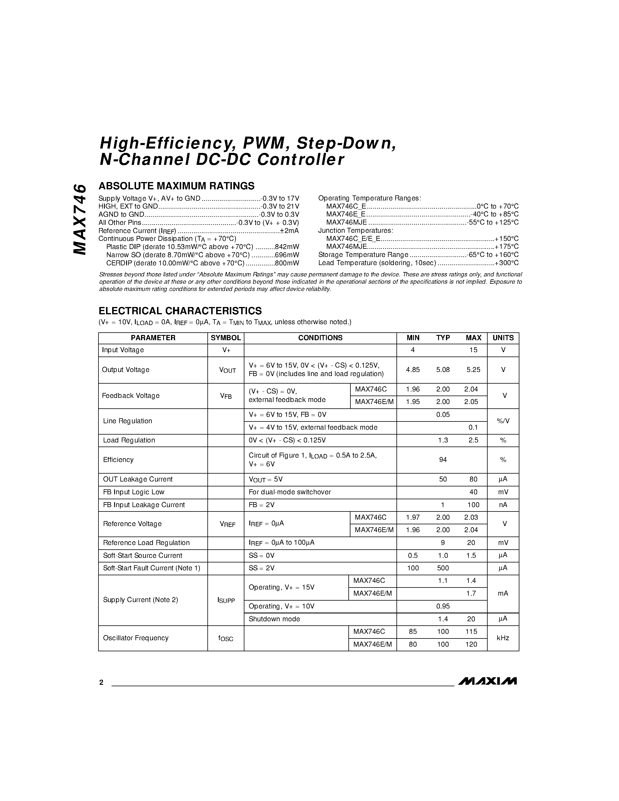 Datasheet MAX746 - High-Efficiency / PWM / Step-Down / N-Channel DC-DC Controller page 2