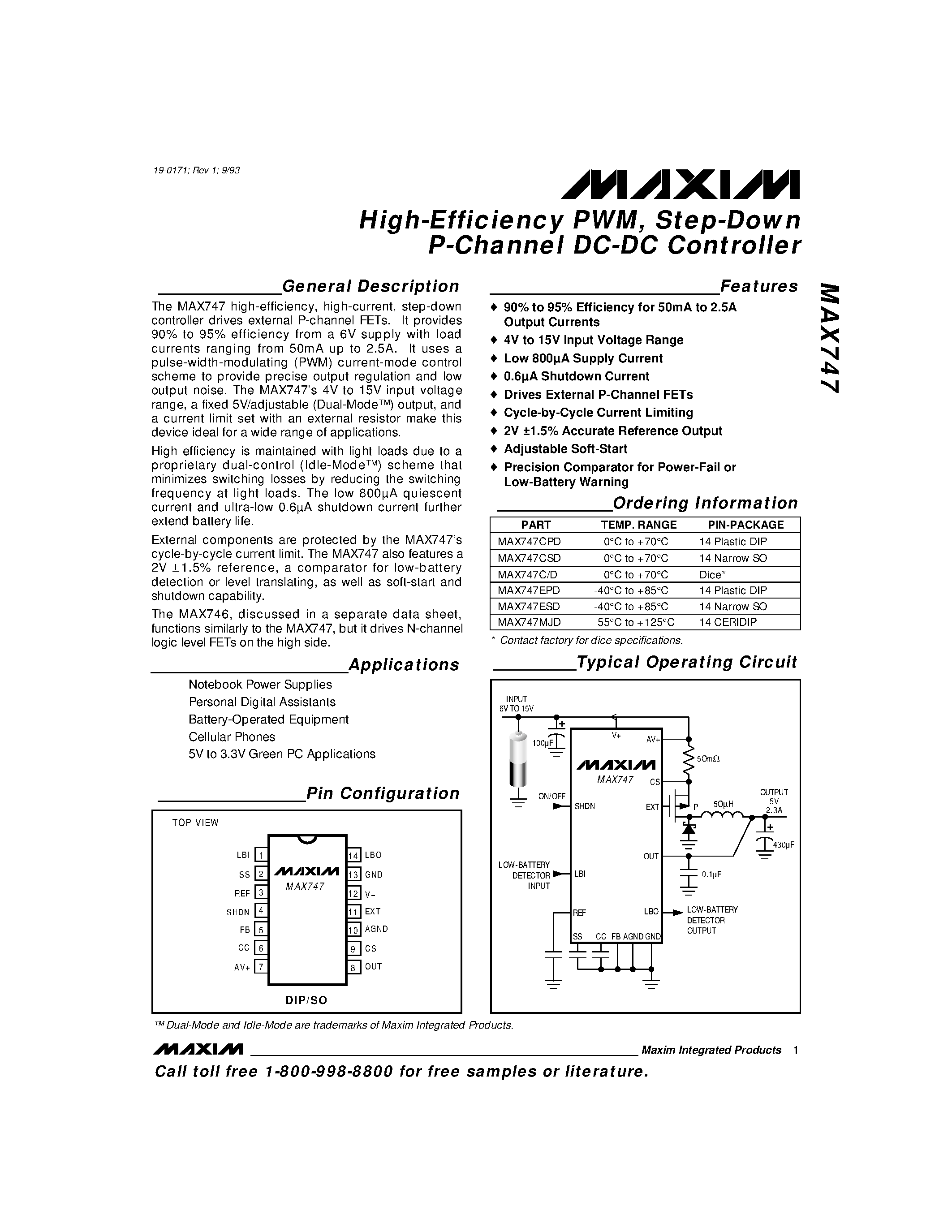 Даташит MAX747 - High-Efficiency PWM / Step-Down P-Channel DC-DC Controller страница 1