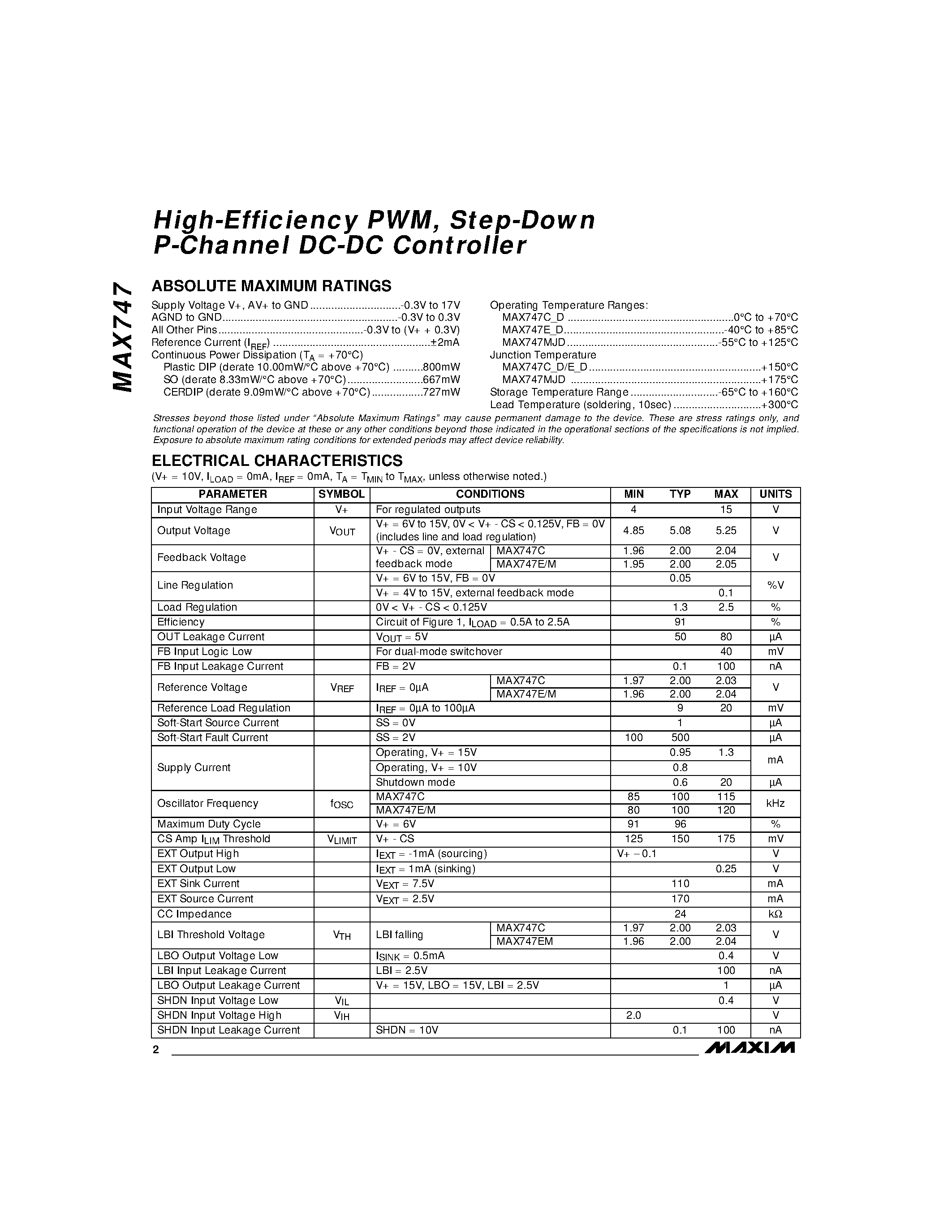 Даташит MAX747 - High-Efficiency PWM / Step-Down P-Channel DC-DC Controller страница 2
