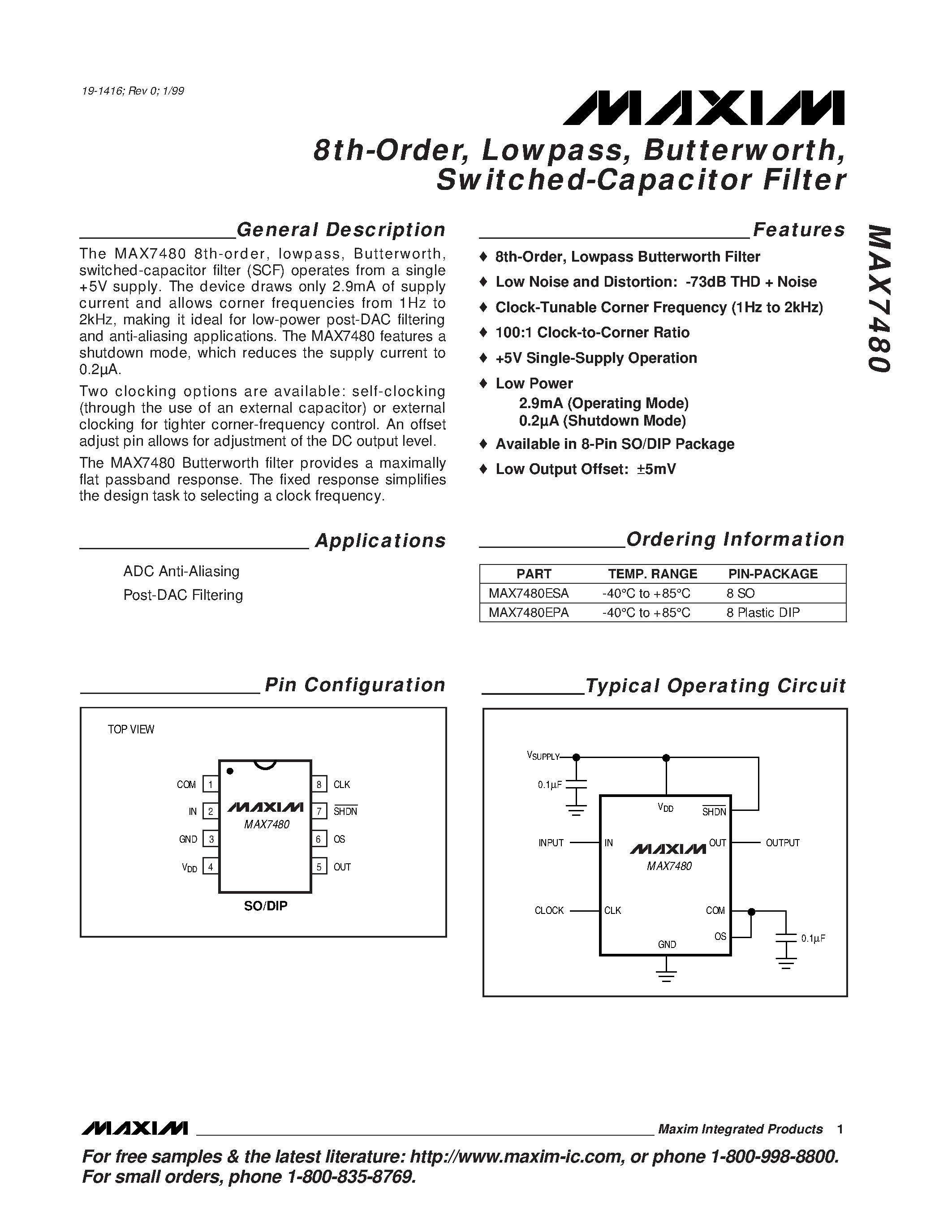 Datasheet MAX7480 - 8th-Order / Lowpass / Butterworth / Switched-Capacitor Filter page 1