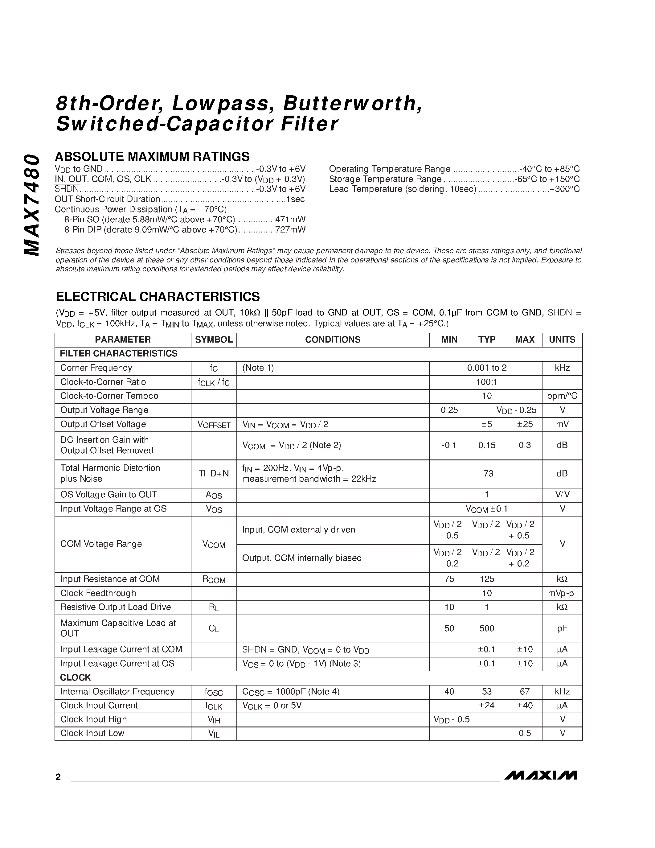 Datasheet MAX7480 - 8th-Order / Lowpass / Butterworth / Switched-Capacitor Filter page 2