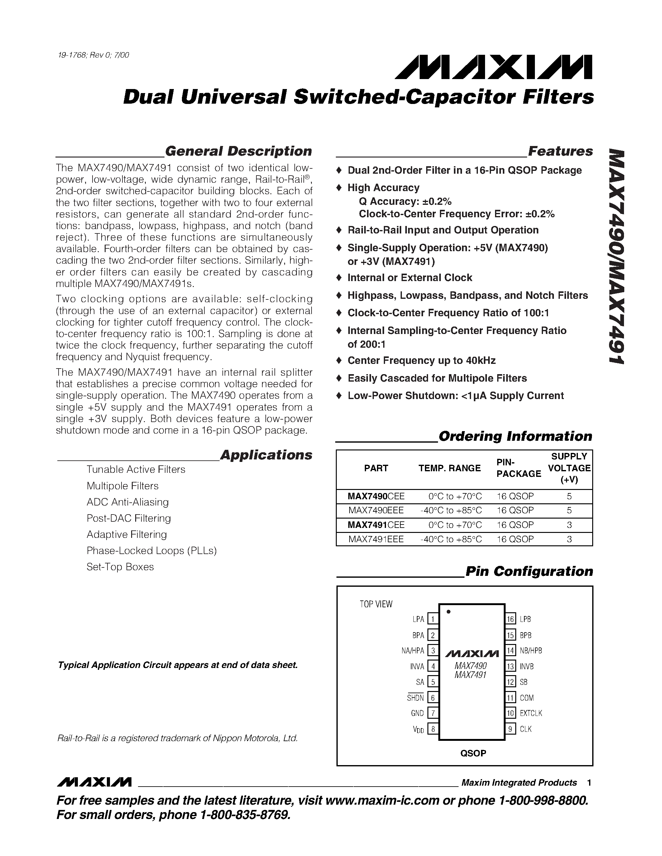 Datasheet MAX7490CEE - Dual Universal Switched-Capacitor Filters page 1