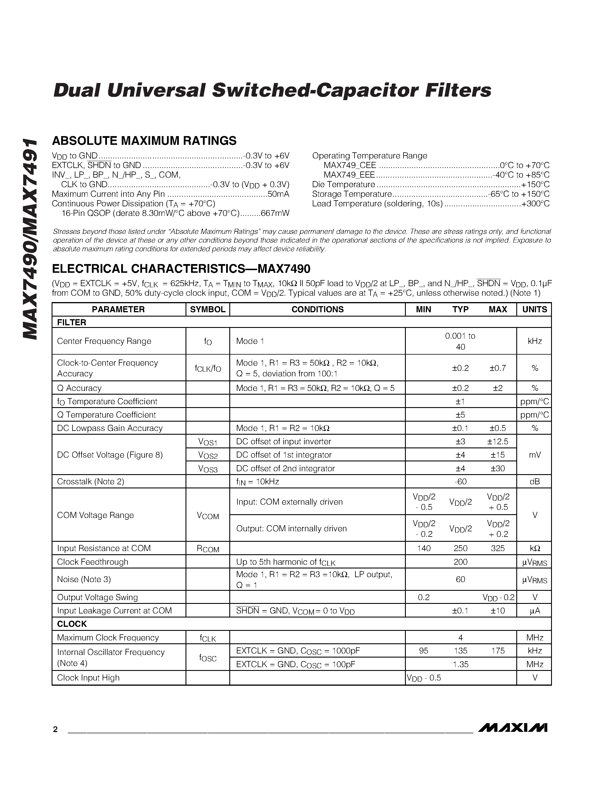 Datasheet MAX7490CEE - Dual Universal Switched-Capacitor Filters page 2