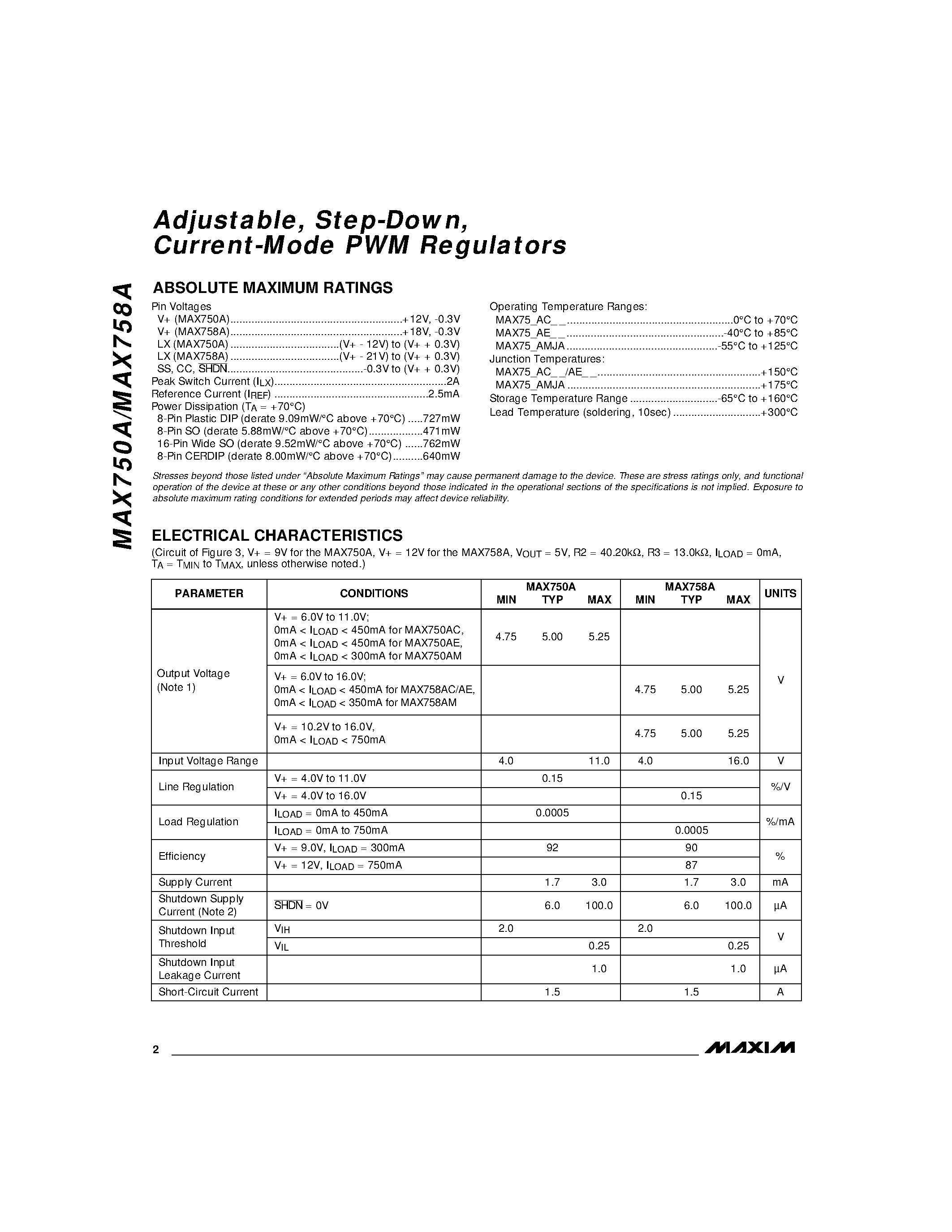 Datasheet MAX750A - Adjustable / Step-Down / Current-Mode PWM Regulators page 2