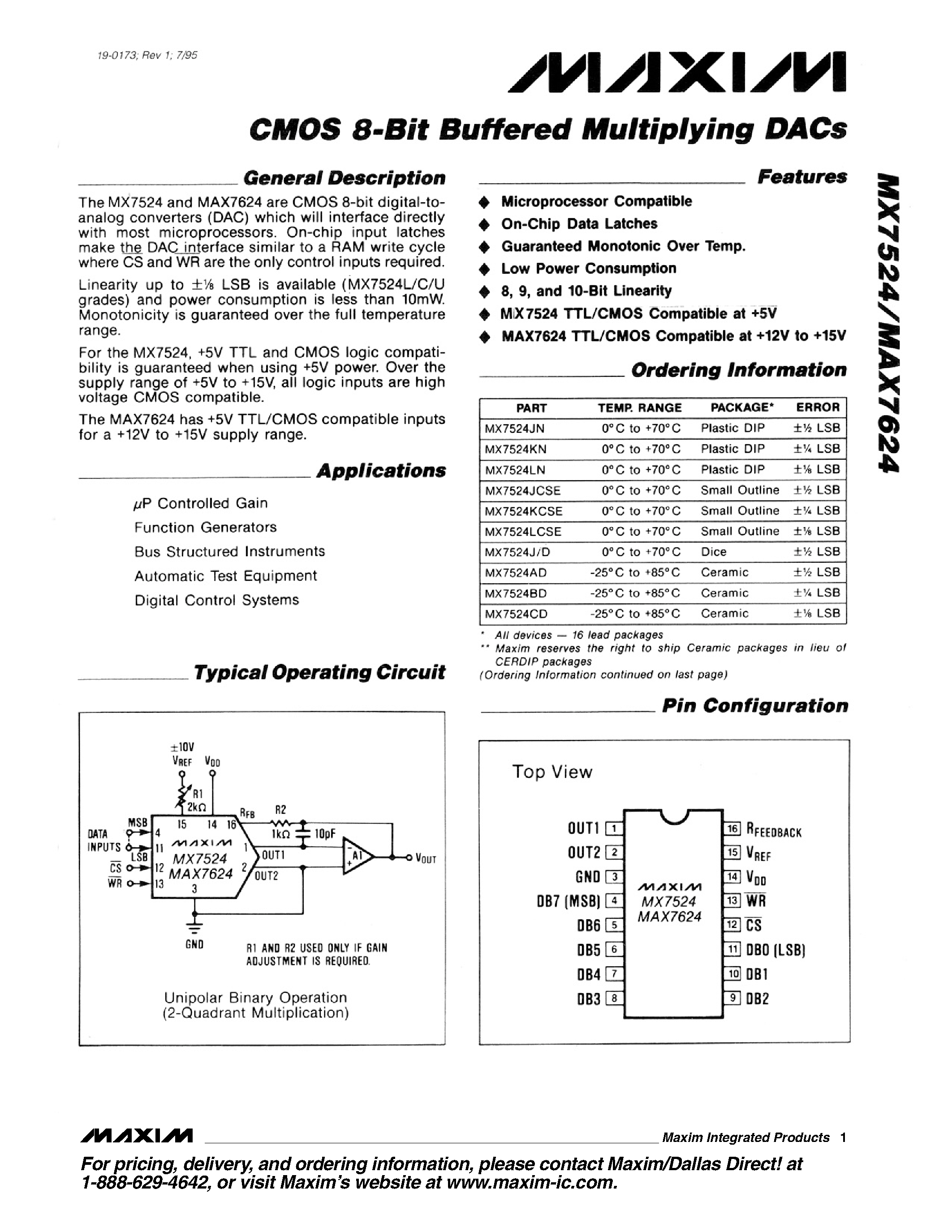 Даташит MAX7524 - CMOS 8-Bit Buffered Multiplying DACs страница 1