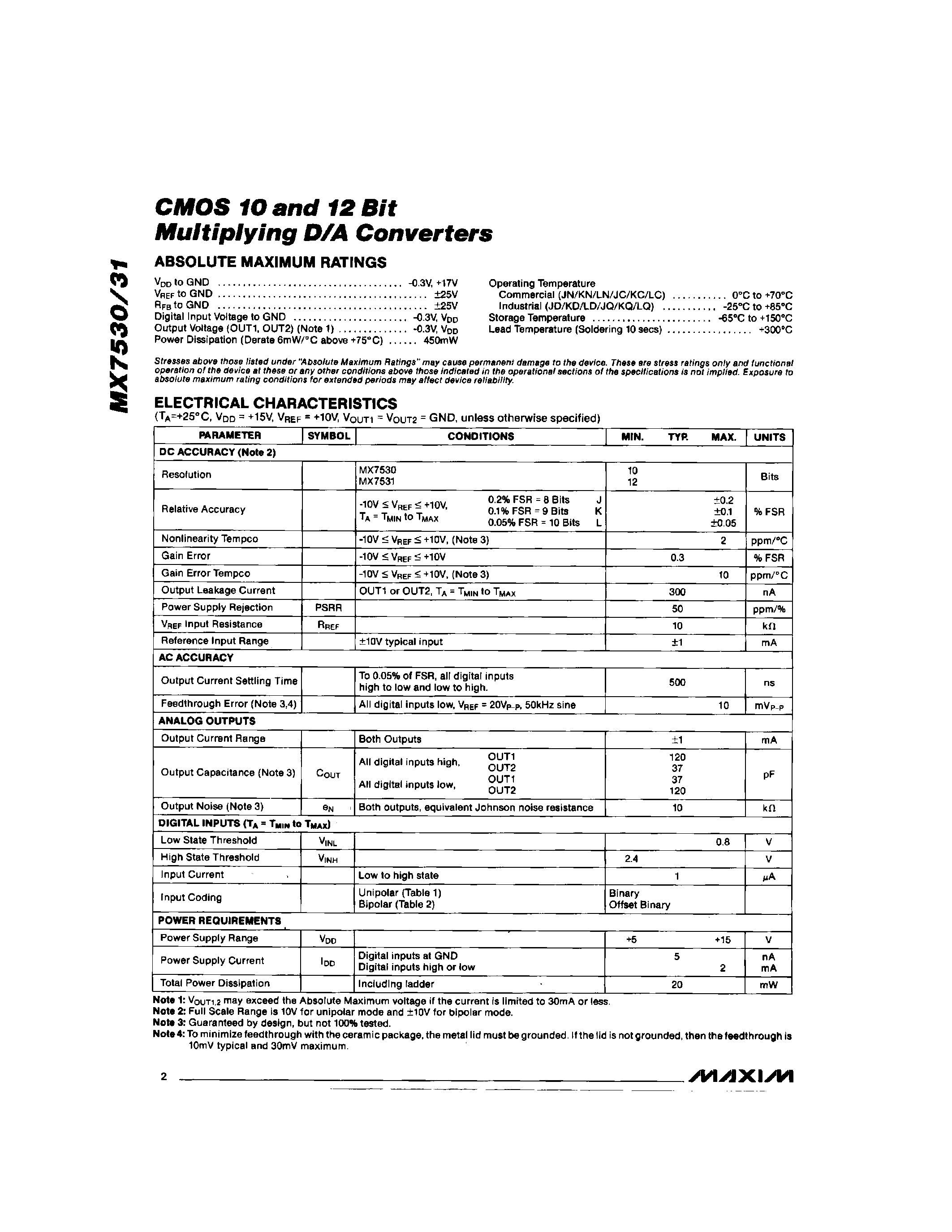 Datasheet MAX7530J/D page 2 Datasheet MAX7530J/D - CMOS 10 and 12 Bit Multiplying D/a Converters page 2
