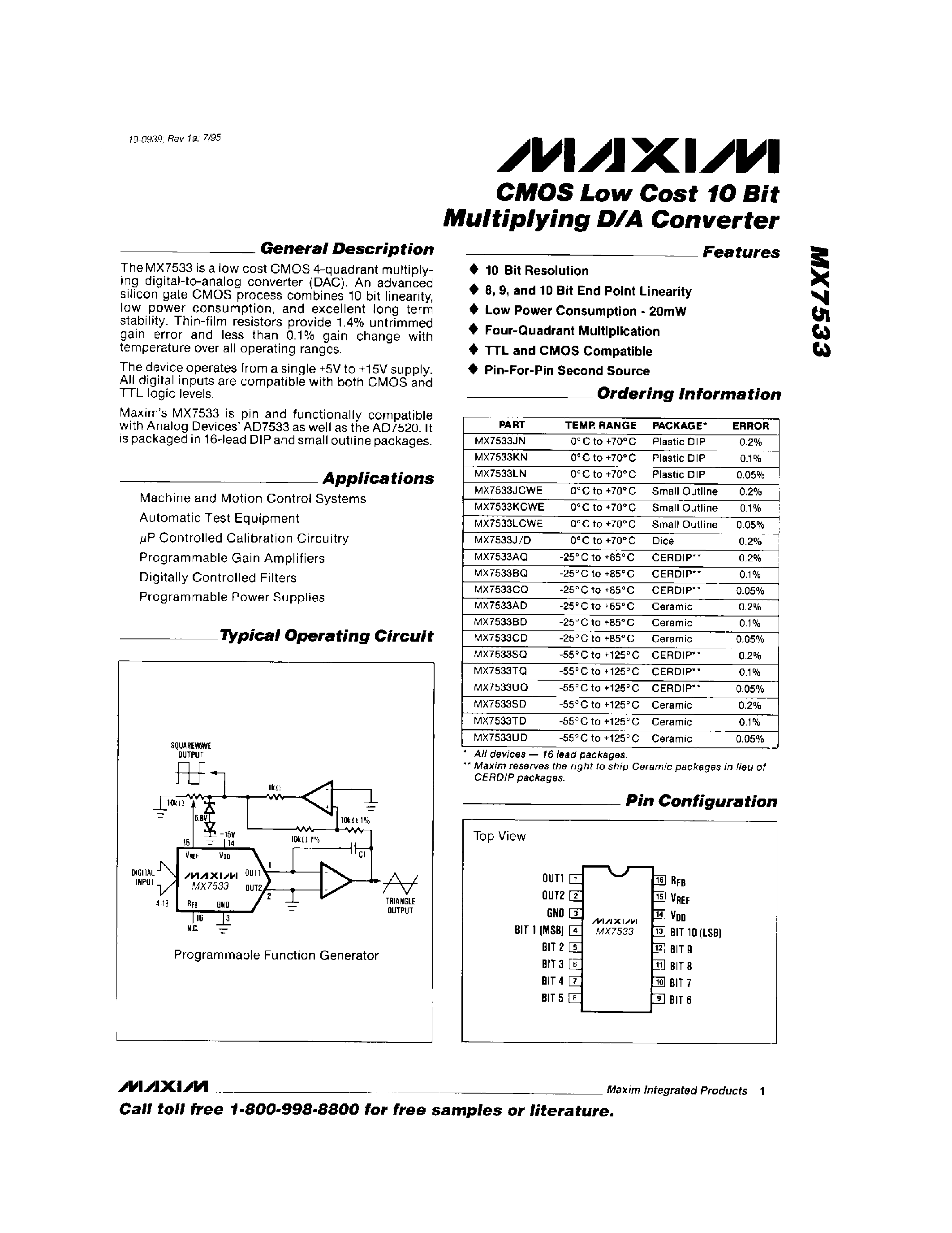 Даташит на микросхему MAX7533AQ страница 1 Даташит MAX7533AQ - CMOS Low Cost 10 Bit Multiplying D/A Converter страница 1