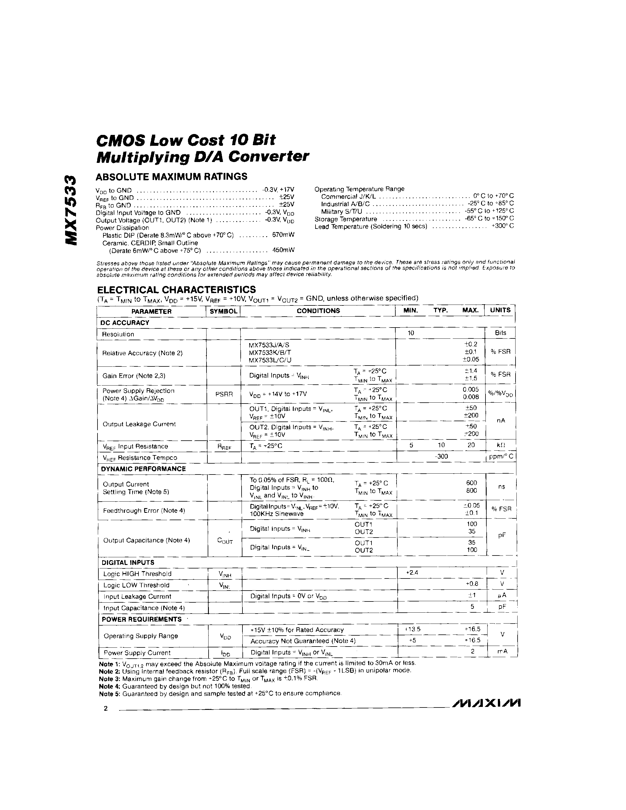 Datasheet MAX7533J/D - CMOS Low Cost 10 Bit Multiplying D/A Converter page 2