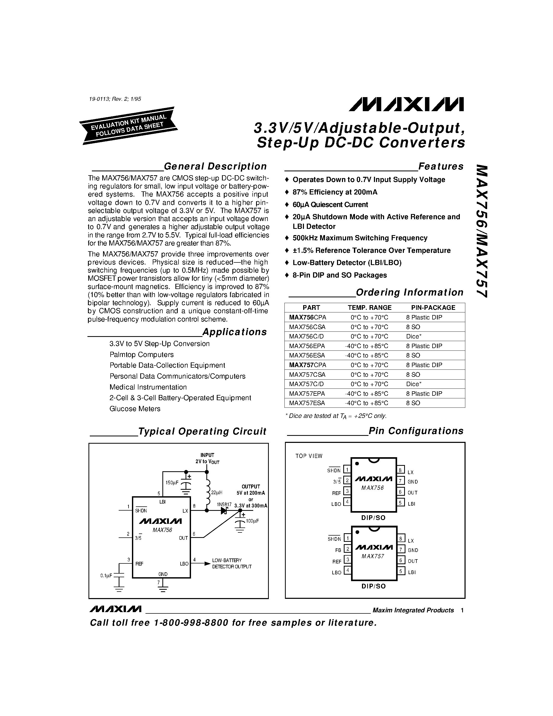 Datasheet MAX756 - 3.3V/5V/Adjustable-Output / Step-Up DC-DC Converters page 1