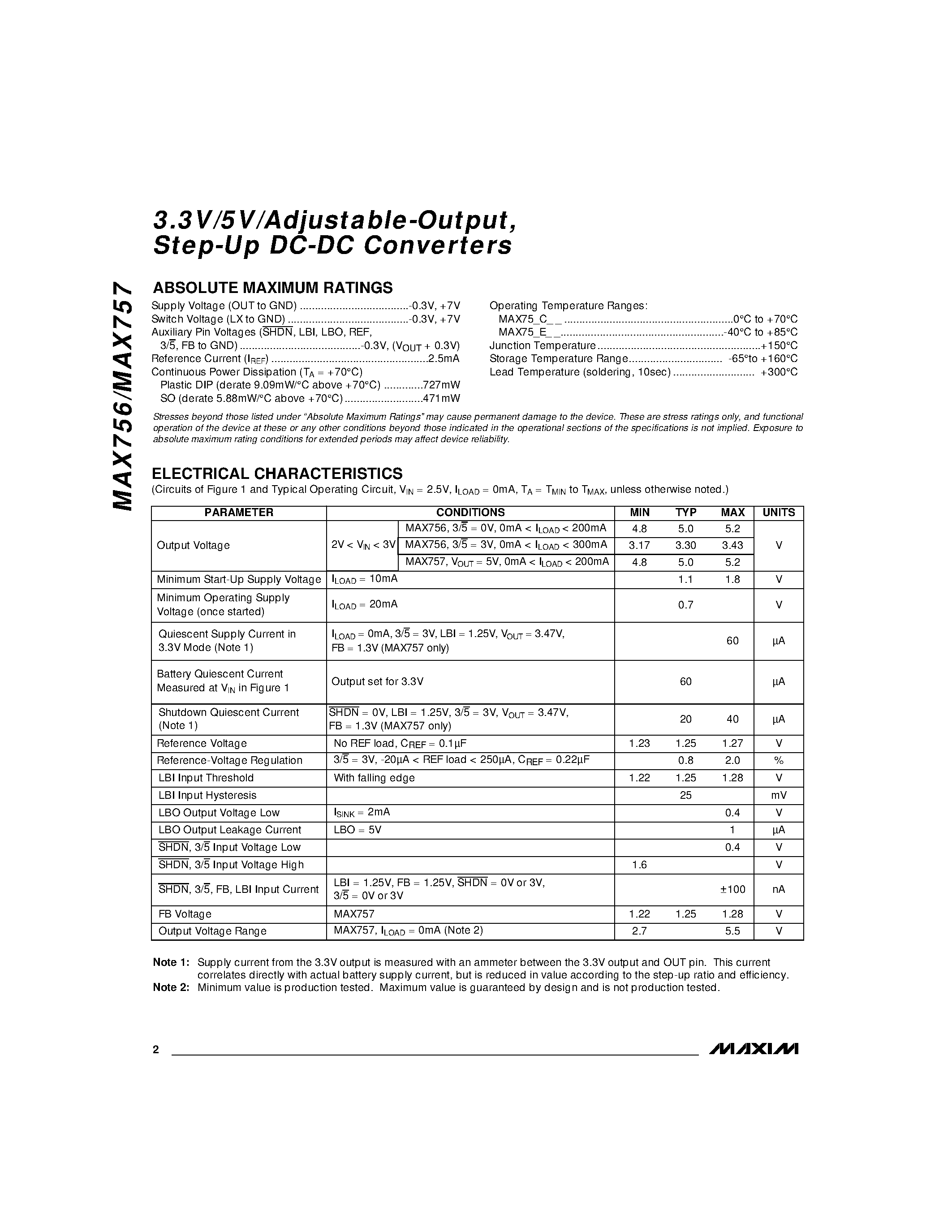 Datasheet MAX756 - 3.3V/5V/Adjustable-Output / Step-Up DC-DC Converters page 2