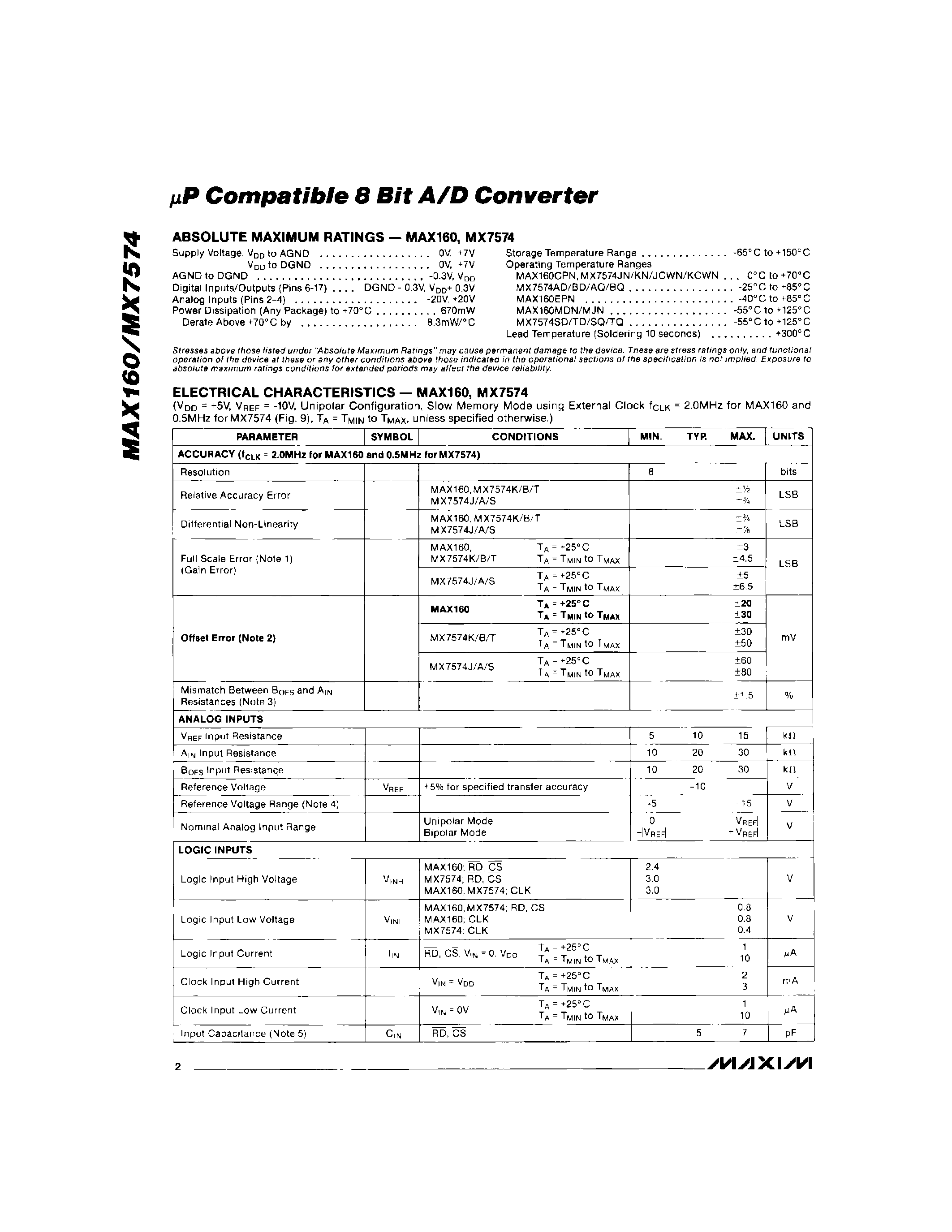 Даташит MAX7574JN - P Compatible 8 Bit A/D Converter страница 2