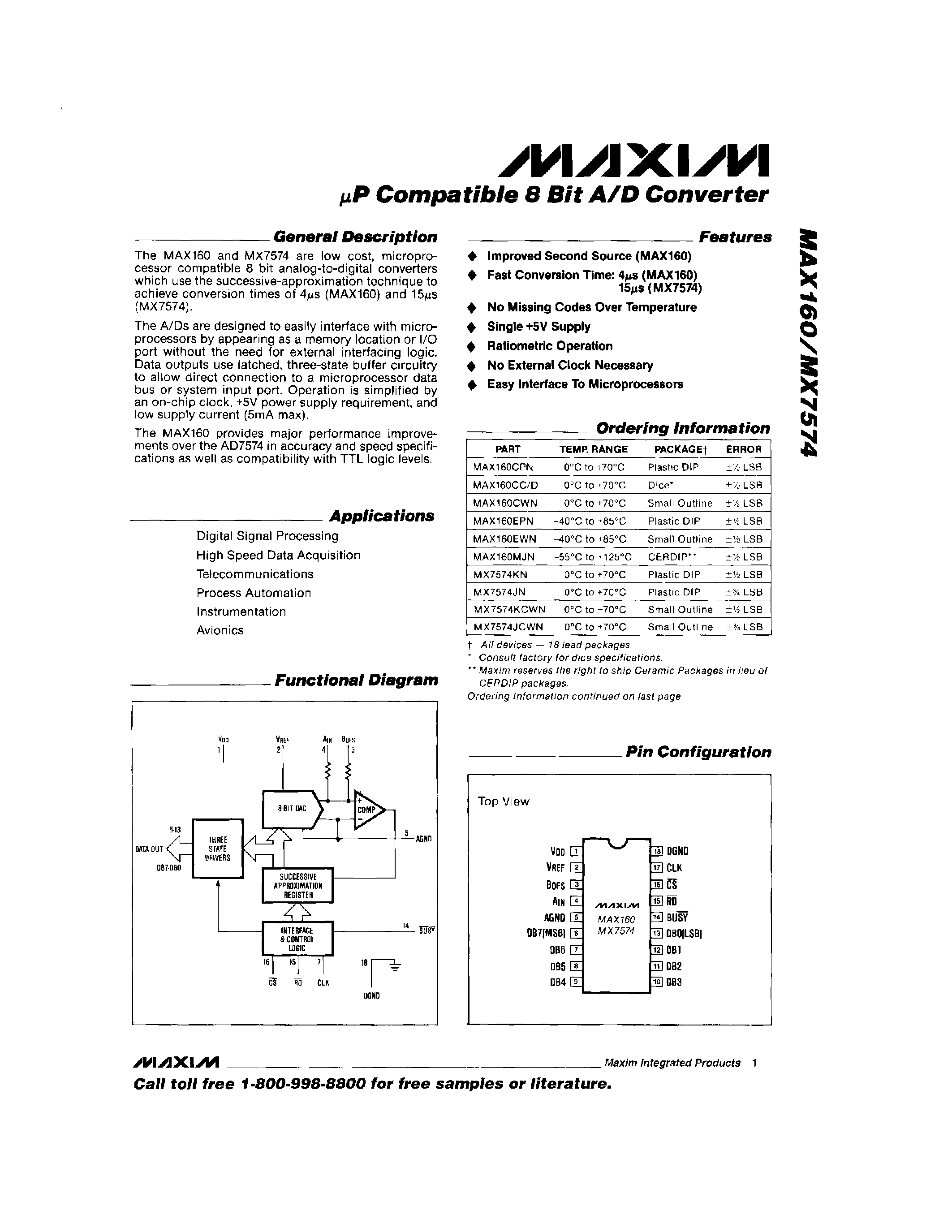 Даташит MAX7574SQ - P Compatible 8 Bit A/D Converter страница 1