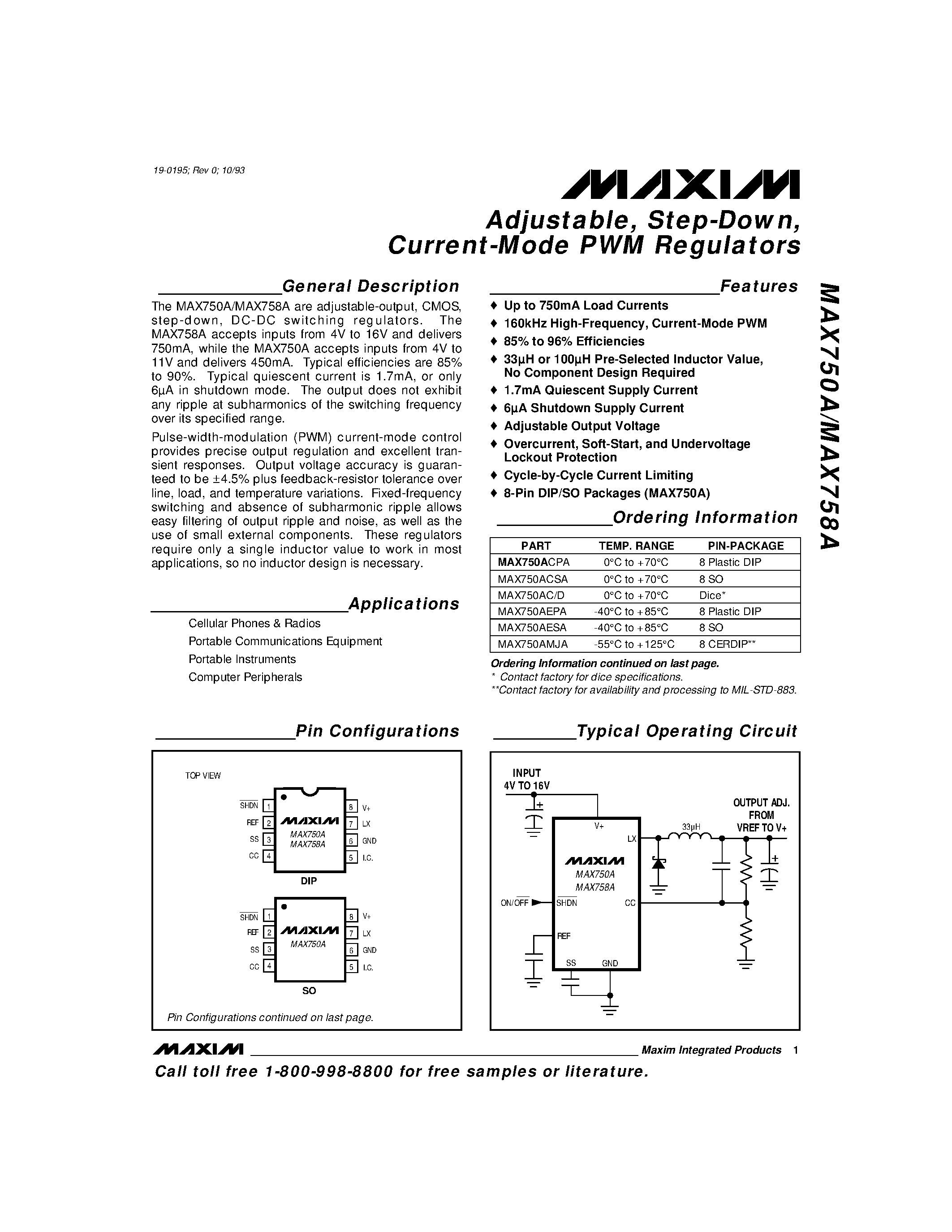Datasheet MAX758ACPA - Adjustable / Step-Down / Current-Mode PWM Regulators page 1